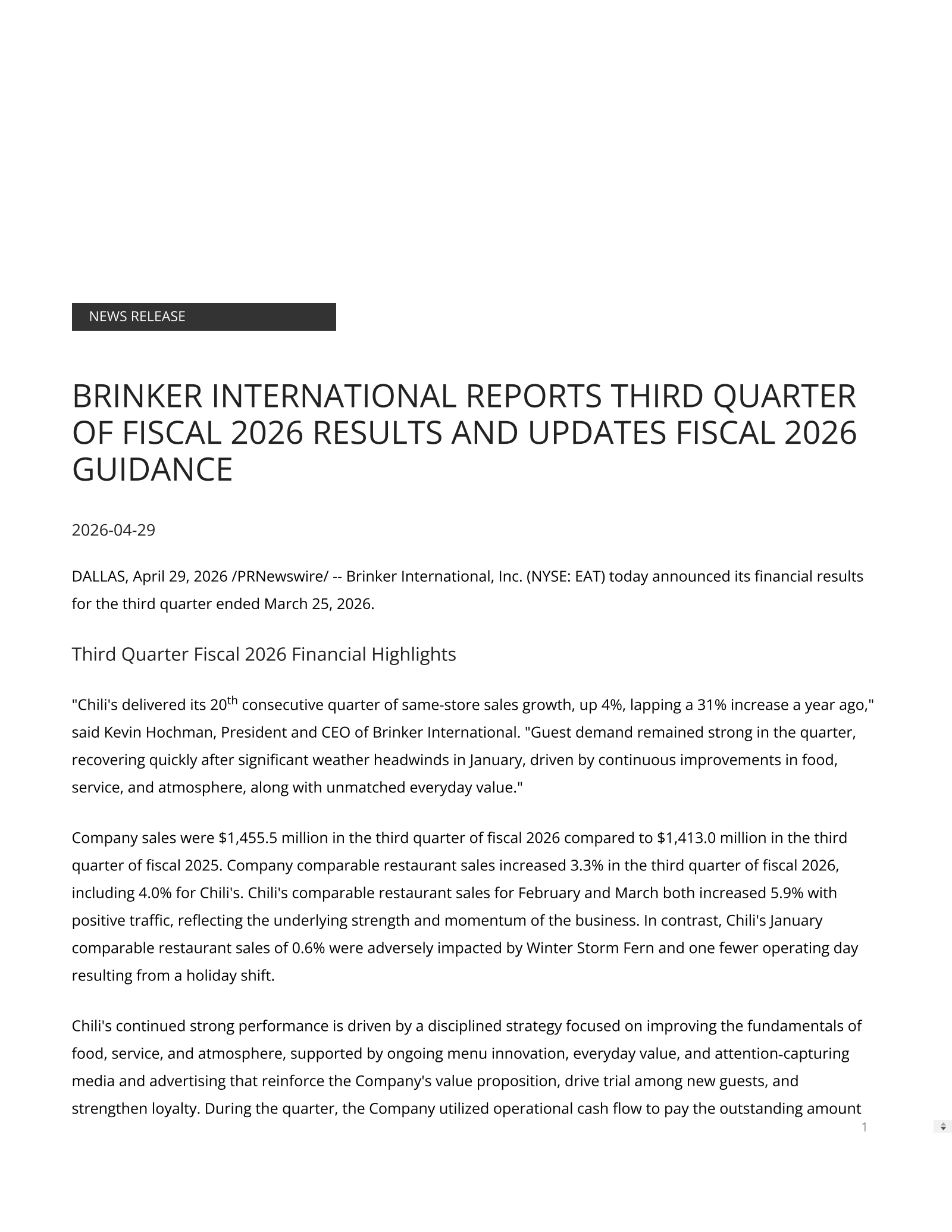 Brinker International's Q3 2026 Press Release