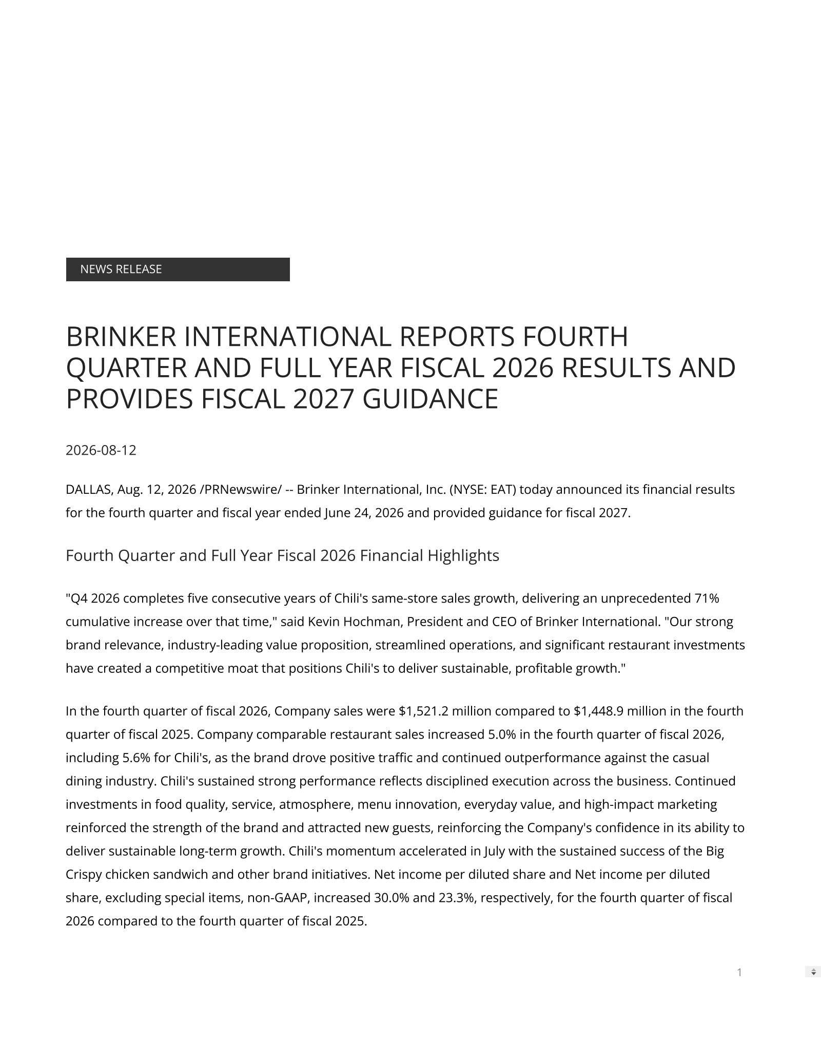 Brinker International's Q4 2026 Press Release