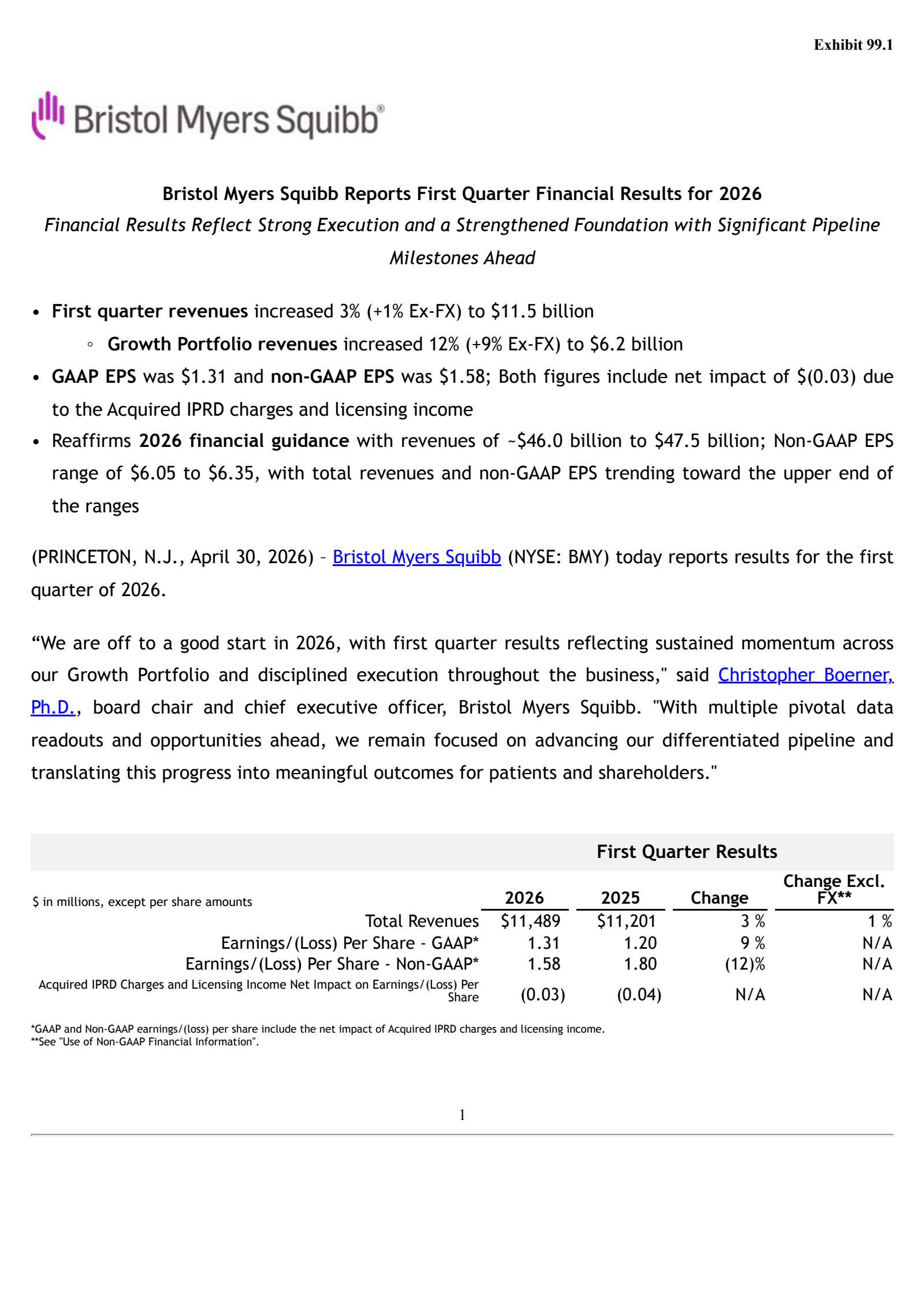 Bristol Myers Squibb's Q1 2026 Press Release