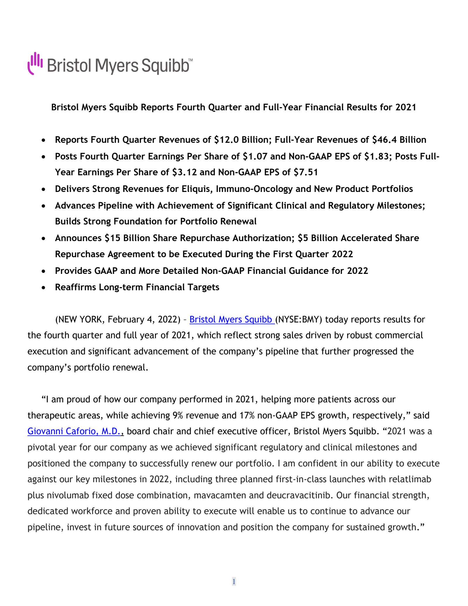 Bristol Myers Squibb's Q4 2021 Earnings Release