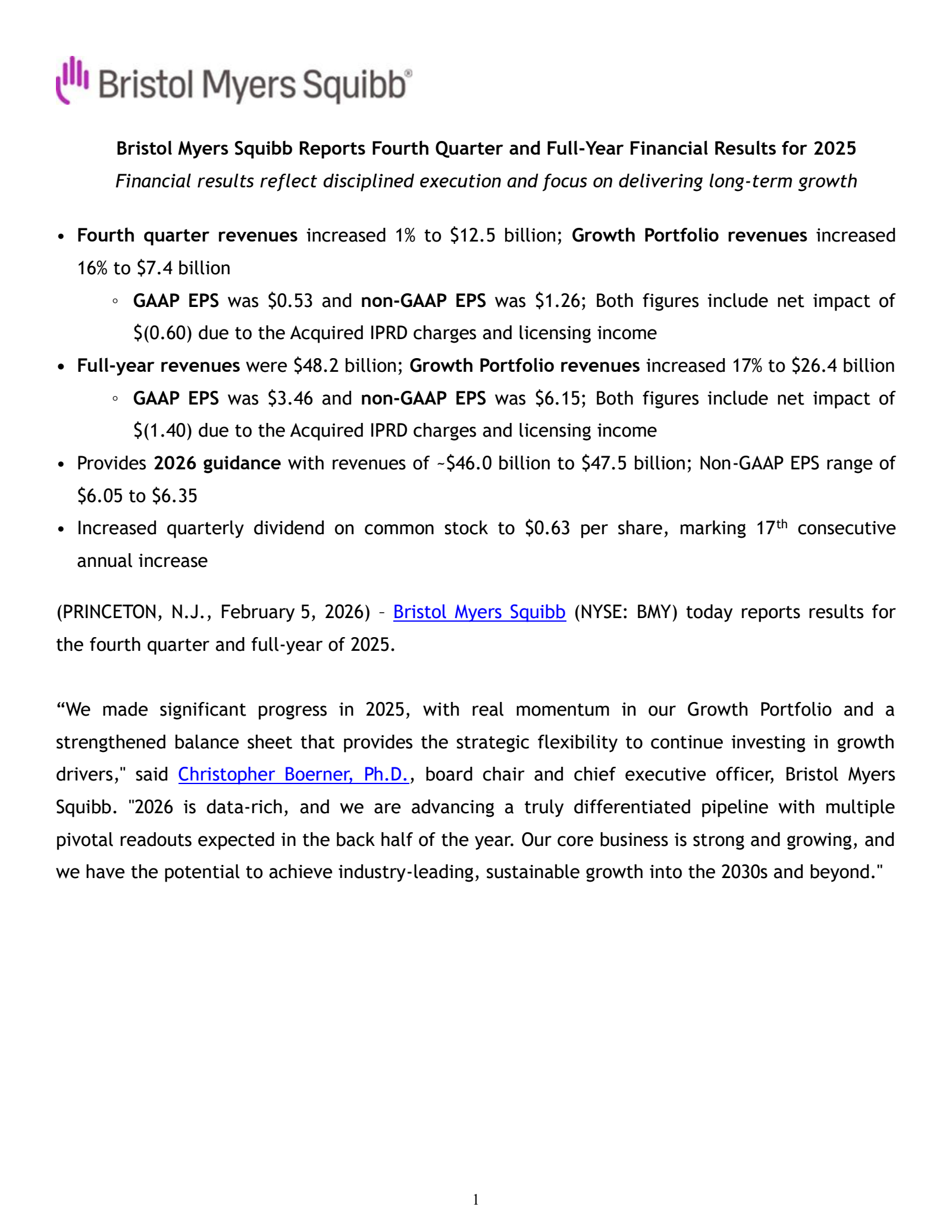 Bristol Myers Squibb's Q4 2025 Press Release
