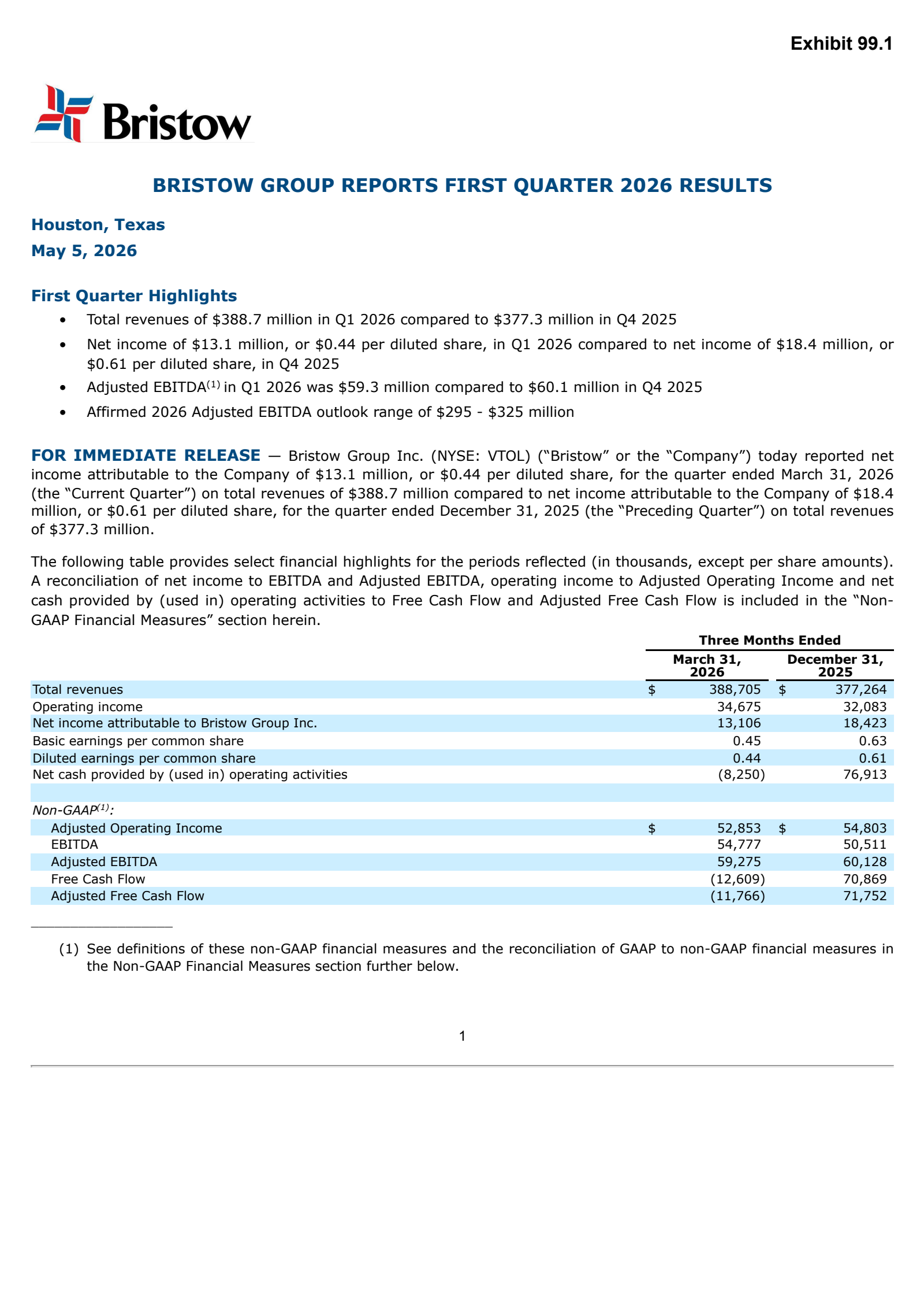 Bristow Group's Q1 2026 Press Release