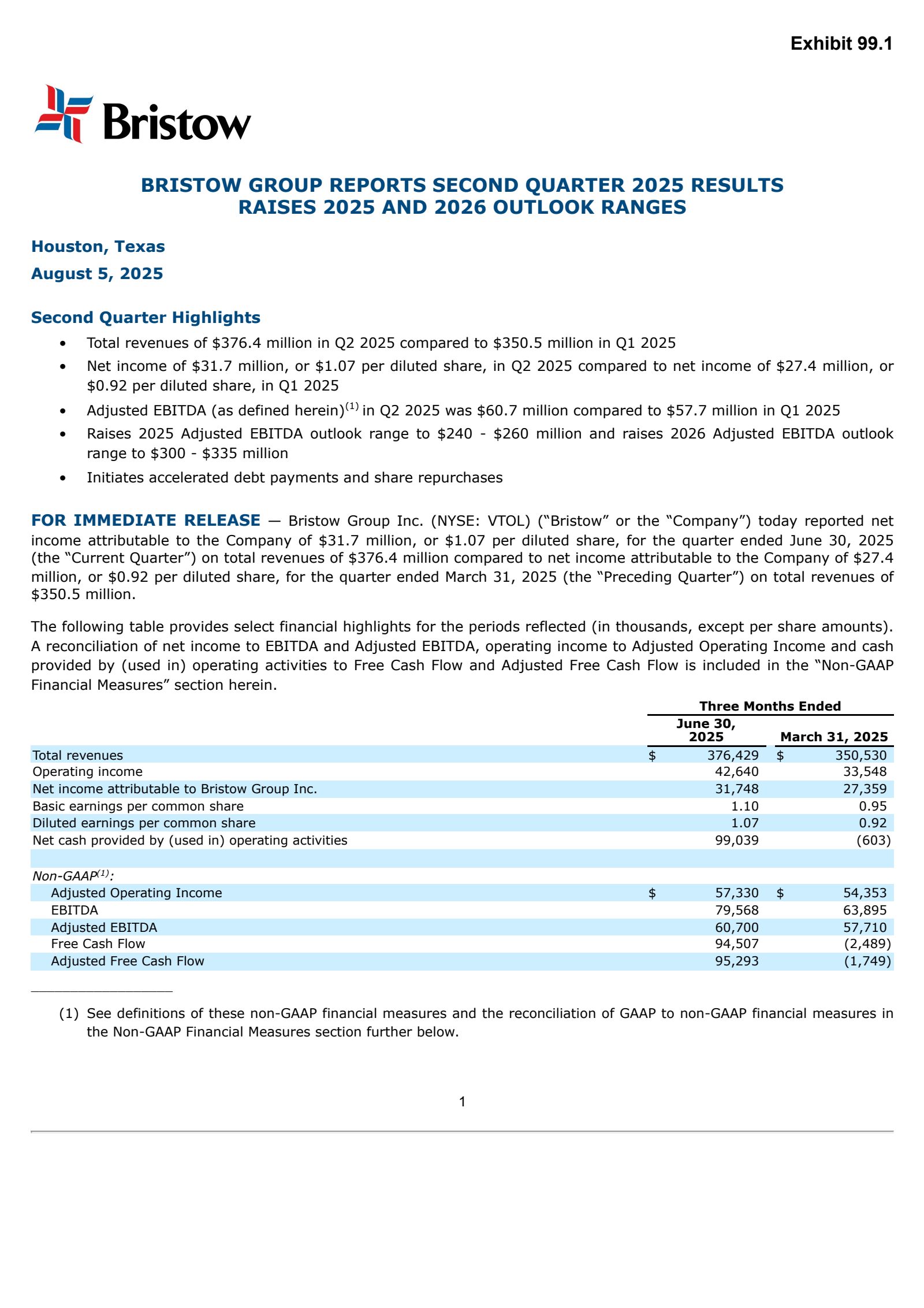 Bristow Group's Q2 2025 Press Release