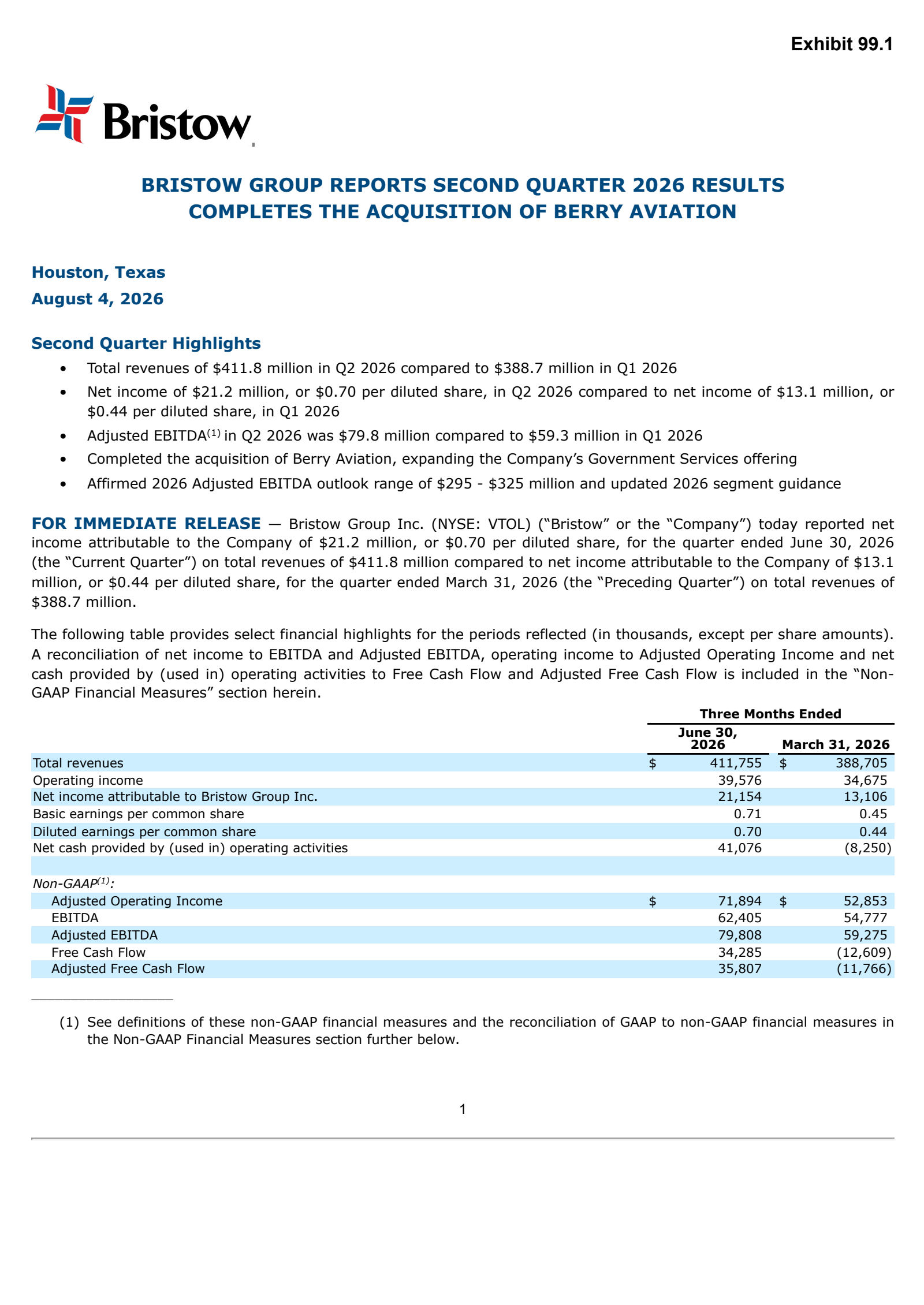 Bristow Group's Q2 2026 Press Release