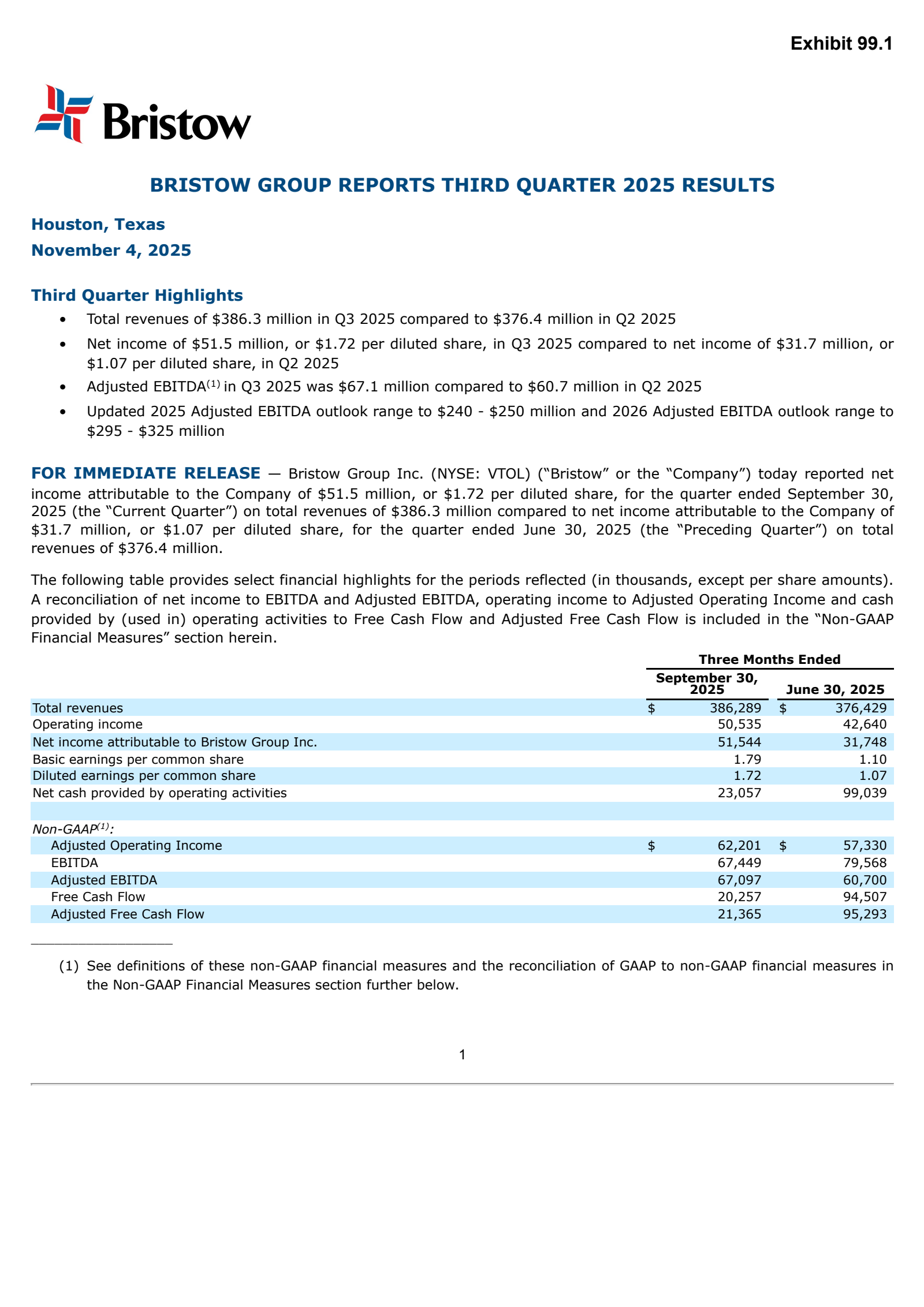 Bristow Group's Q3 2025 Earnings Release