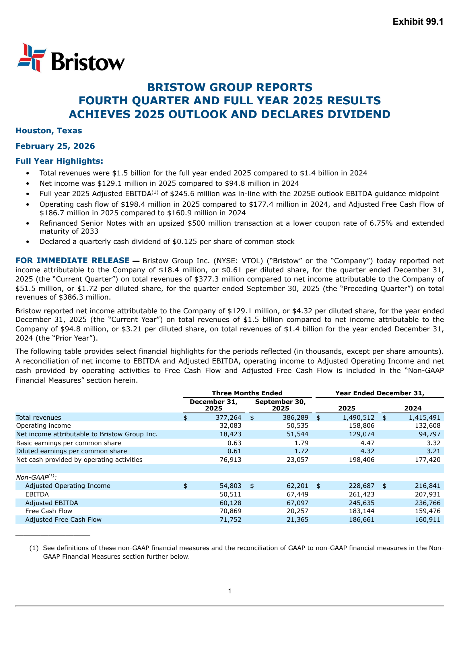 Bristow Group's Q4 2025 Press Release