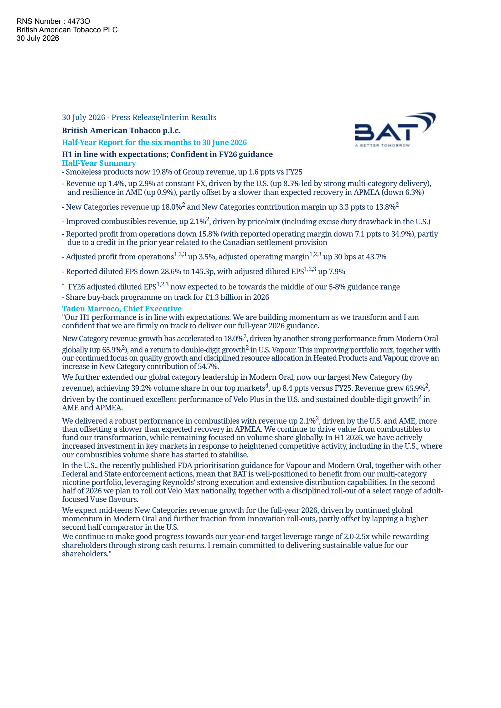 British American Tobacco's H1 2026 Interim report