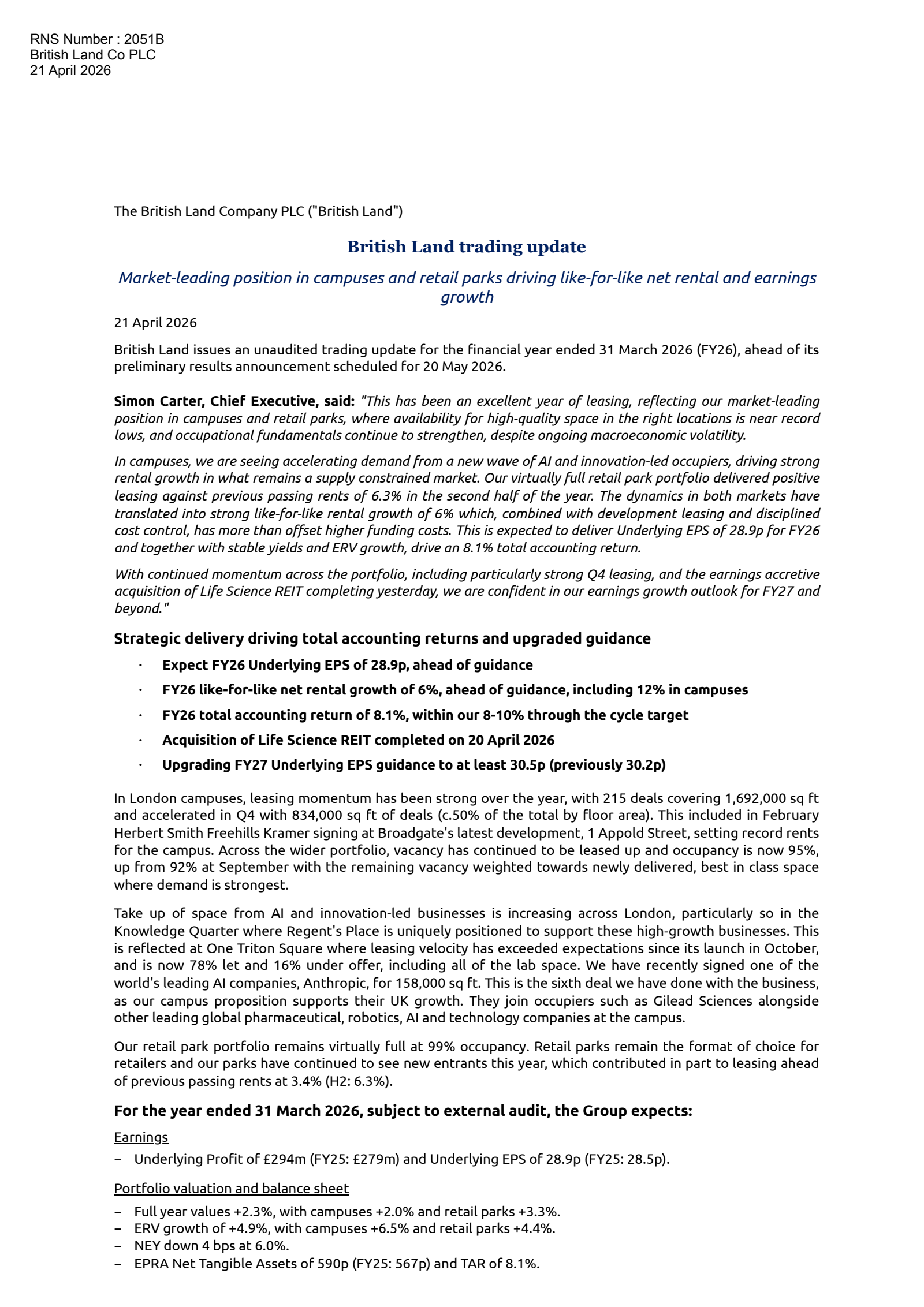 British Land's Q4 2026 TU Press Release