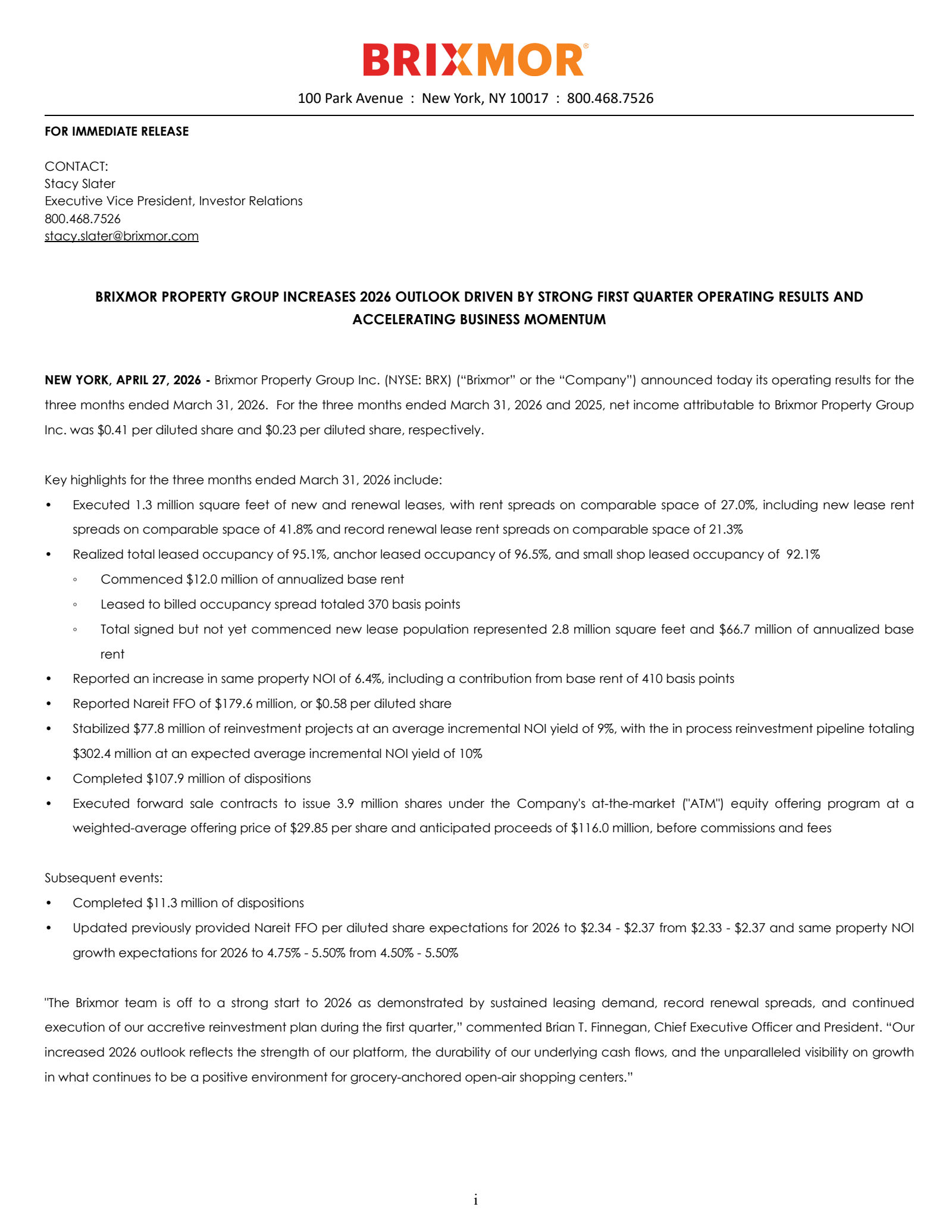 Brixmor Property Group's Q1 2026 Press Release