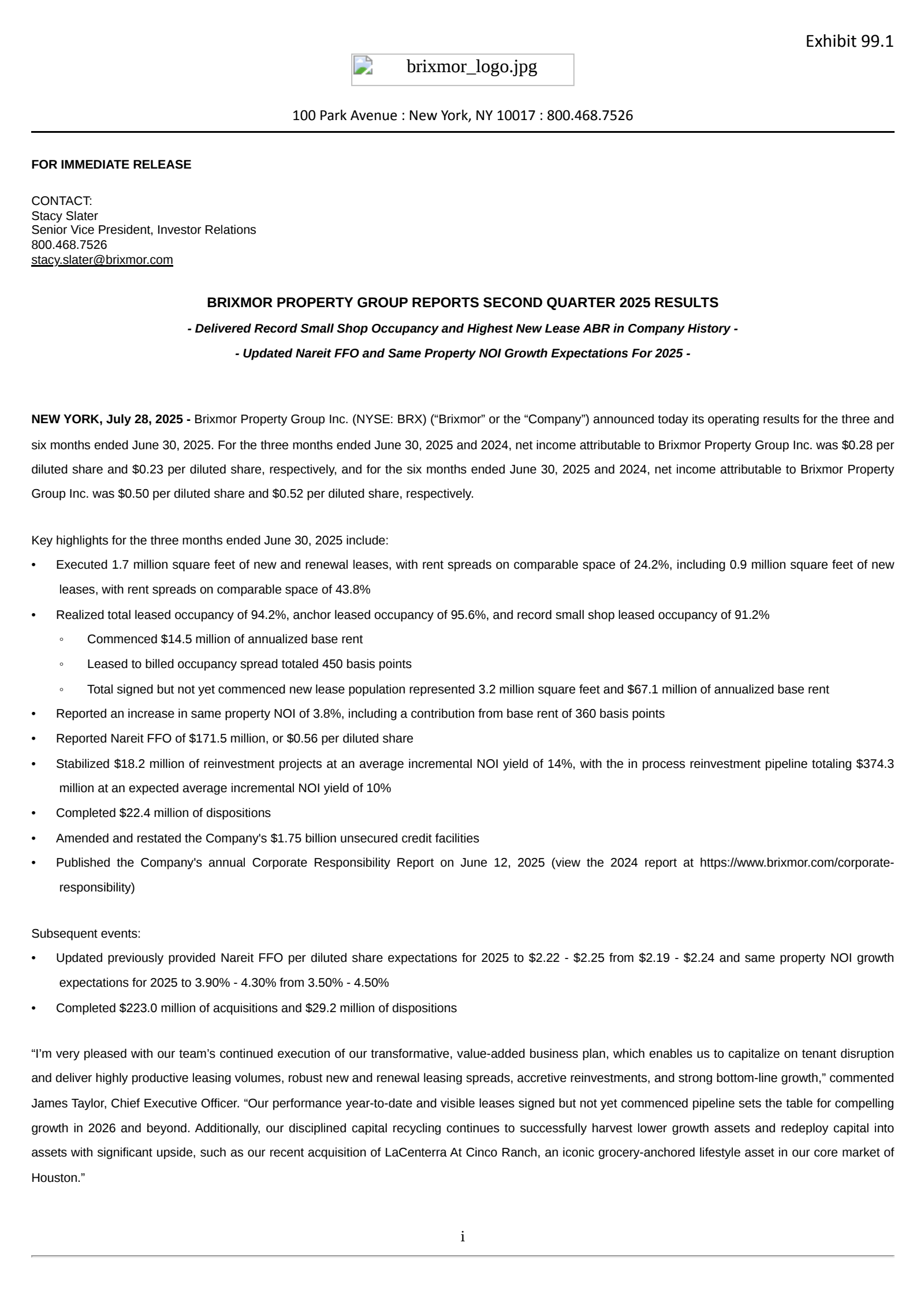 Brixmor Property Group's Q2 2025 Press Release
