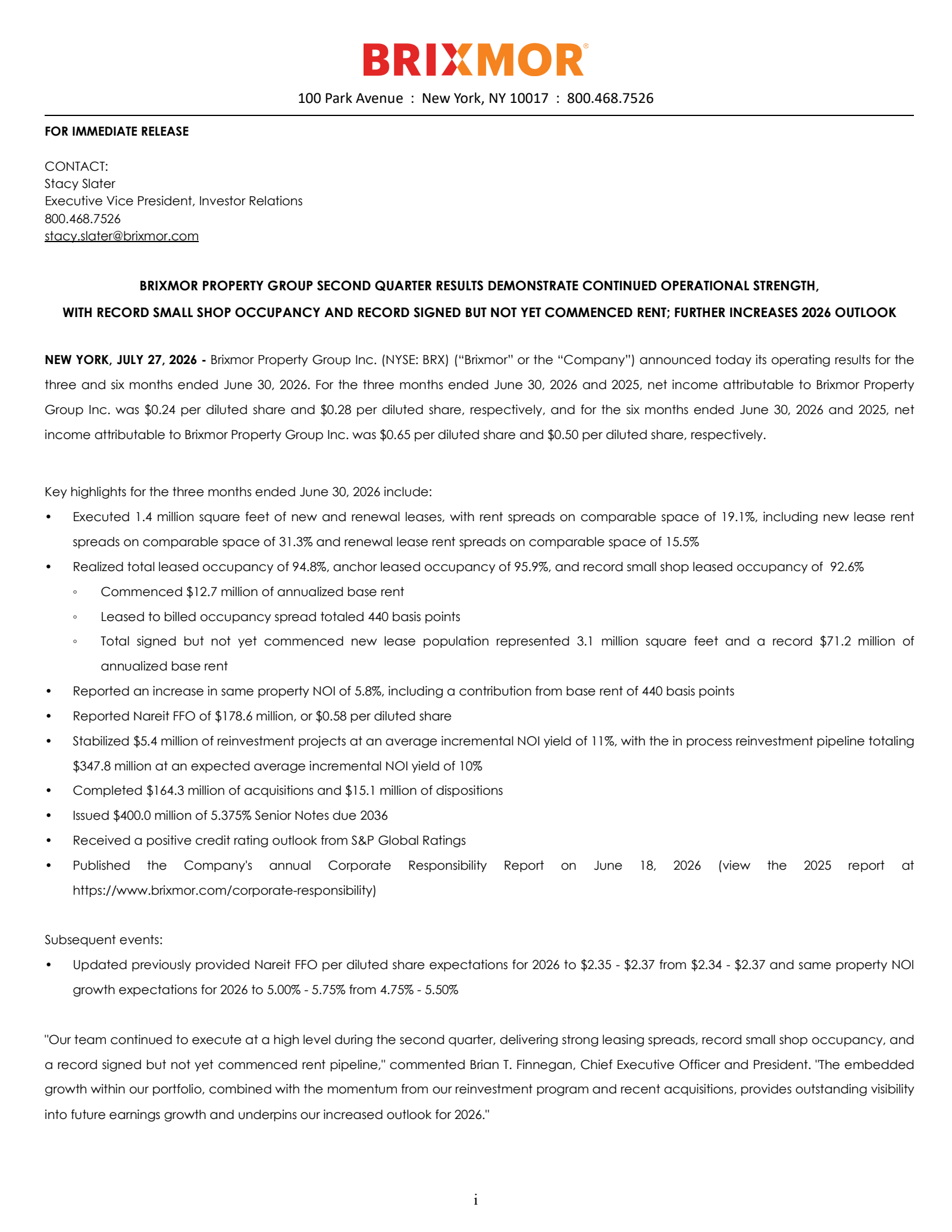 Brixmor Property Group's Q2 2026 Press Release