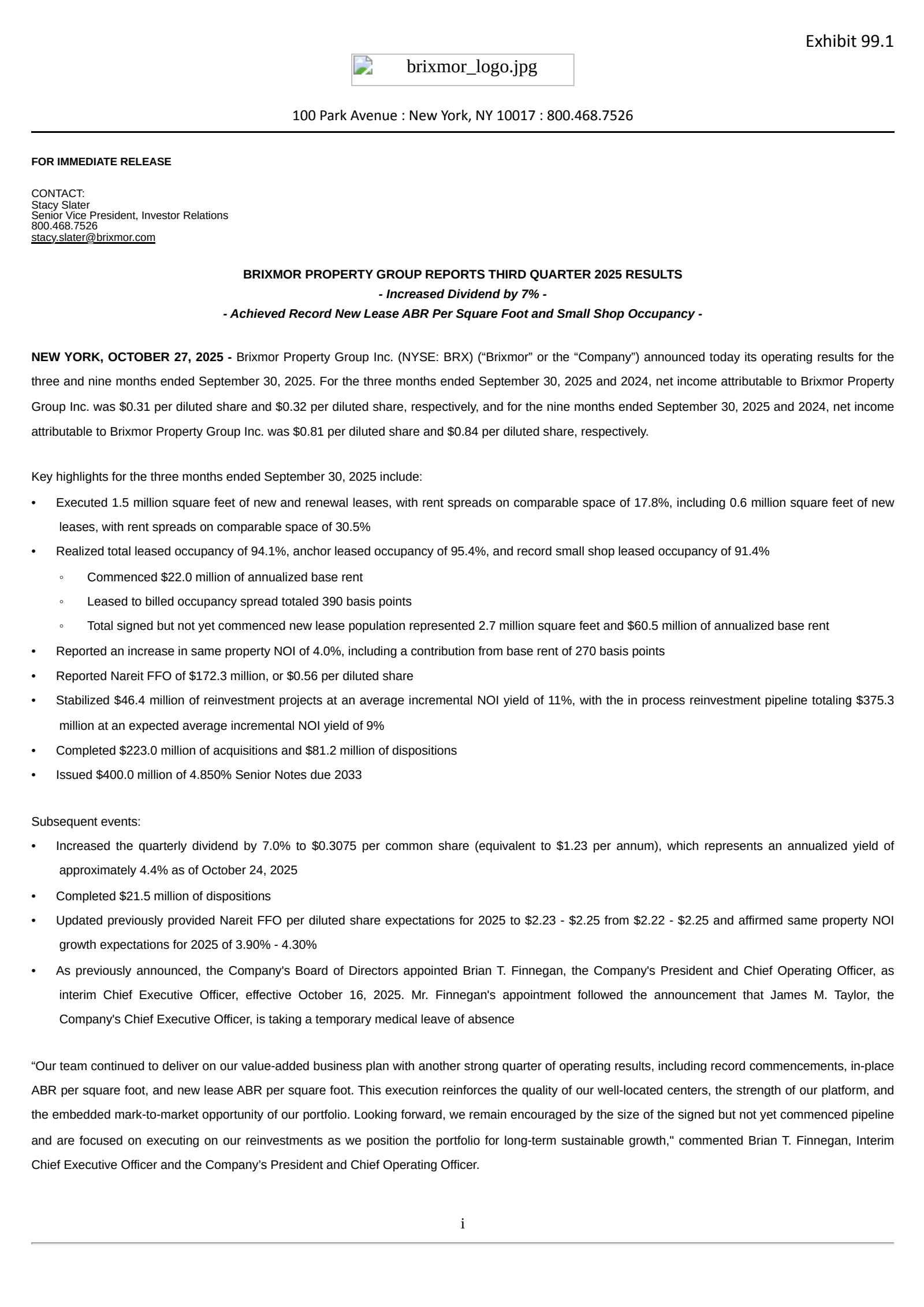 Brixmor Property Group's Q3 2025 Earnings Release