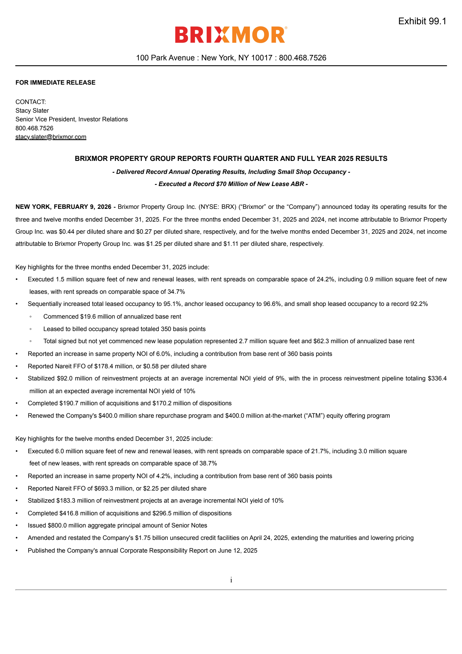 Brixmor Property Group's Q4 2025 Press Release