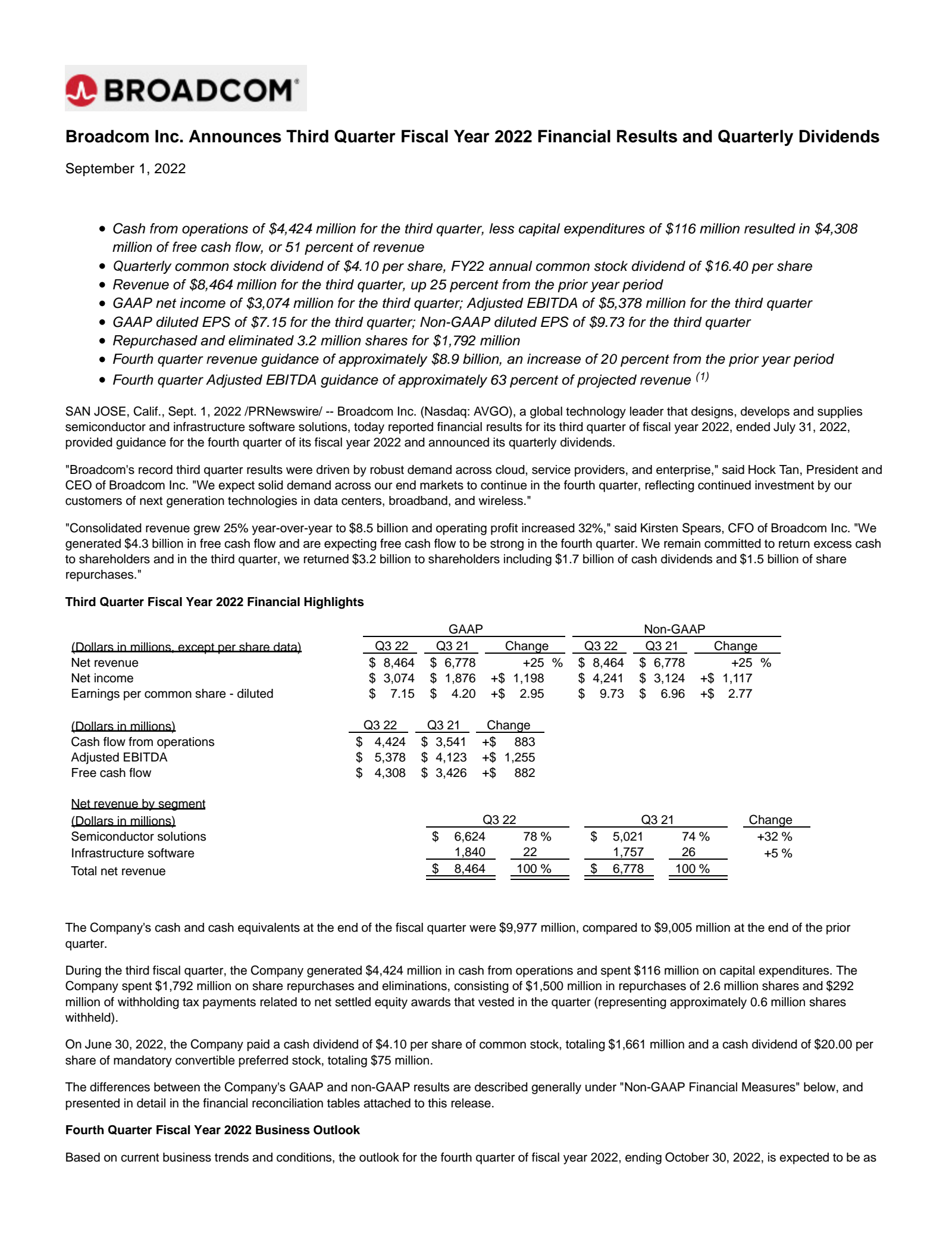 Broadcom's Q3 2022 Press Release