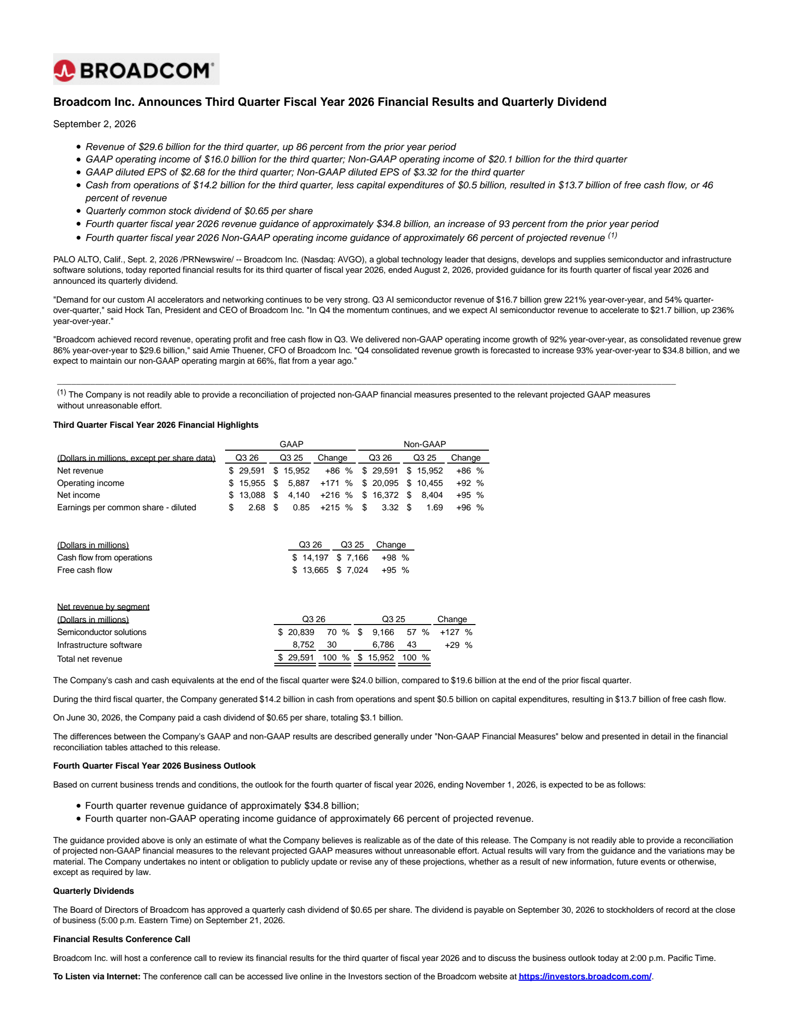 Broadcom's Q3 2026 Press Release