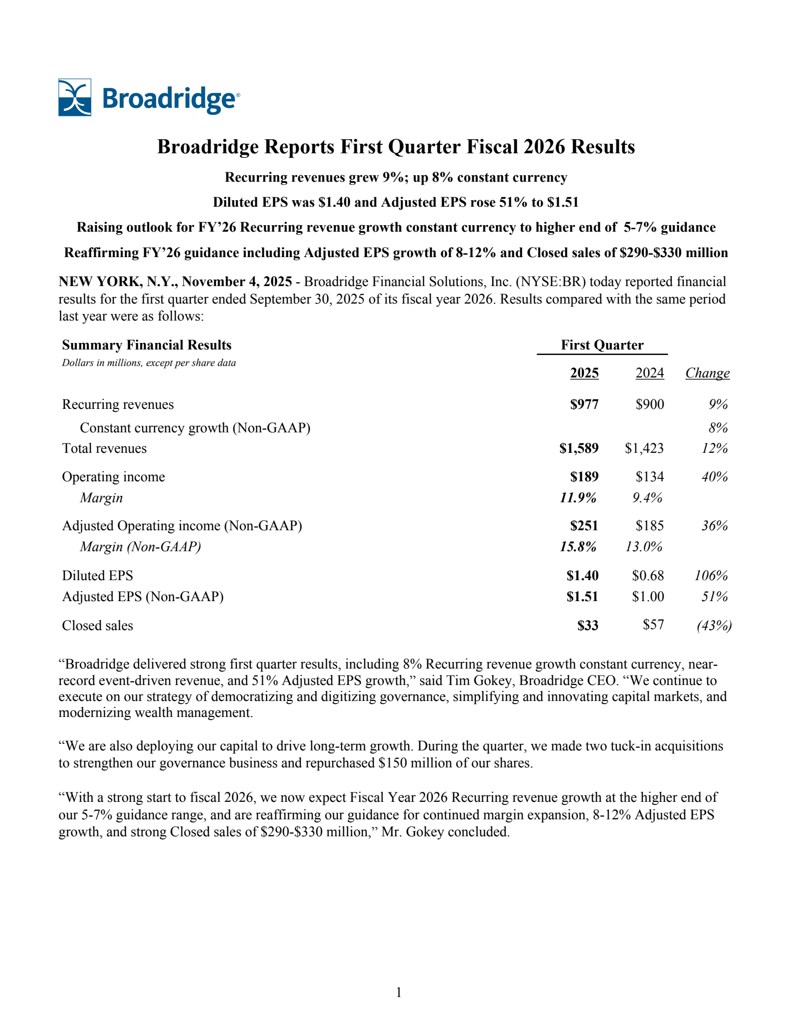 Broadridge Financial Solutions' Q1 2026 Earnings Release