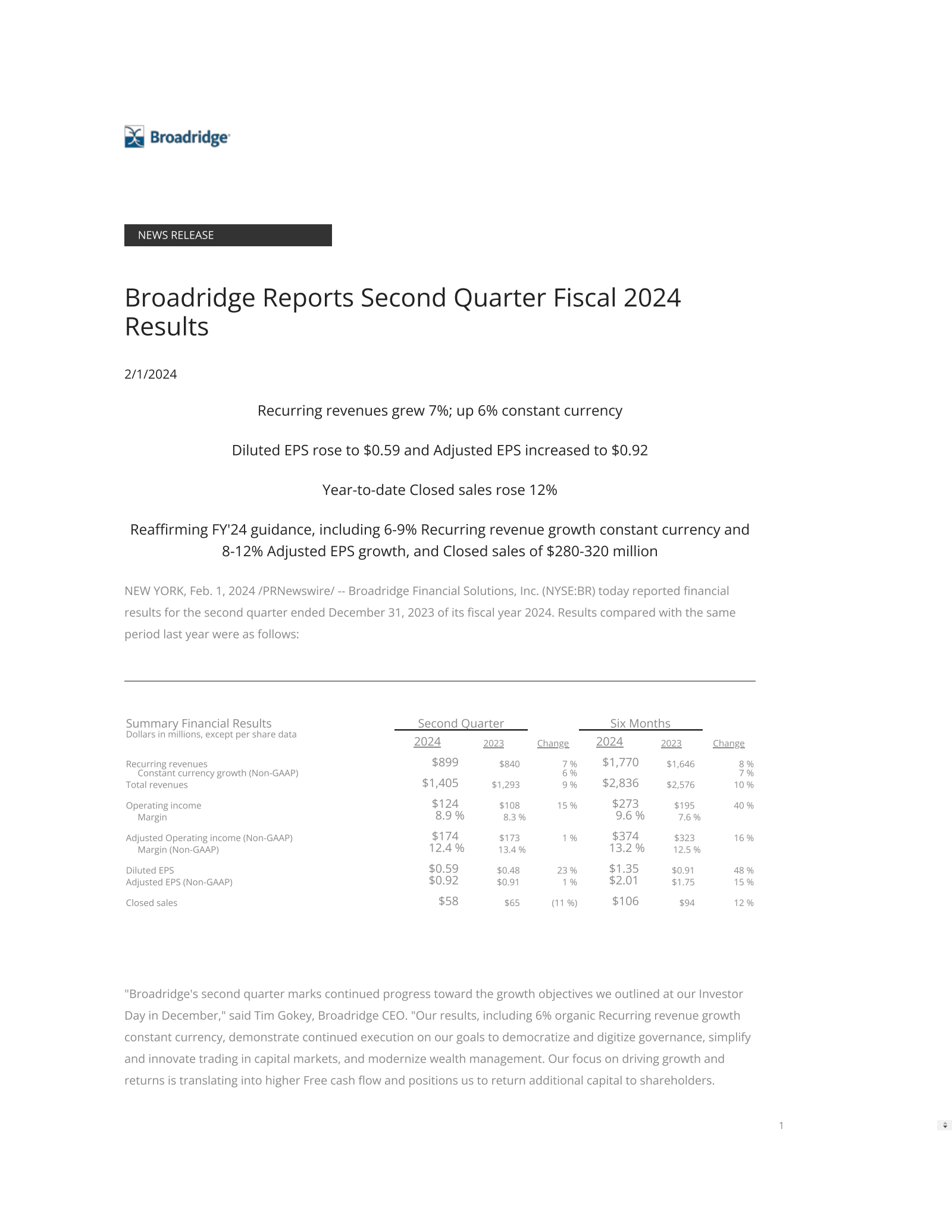 Broadridge Financial Solutions' Q2 2024 Press Release