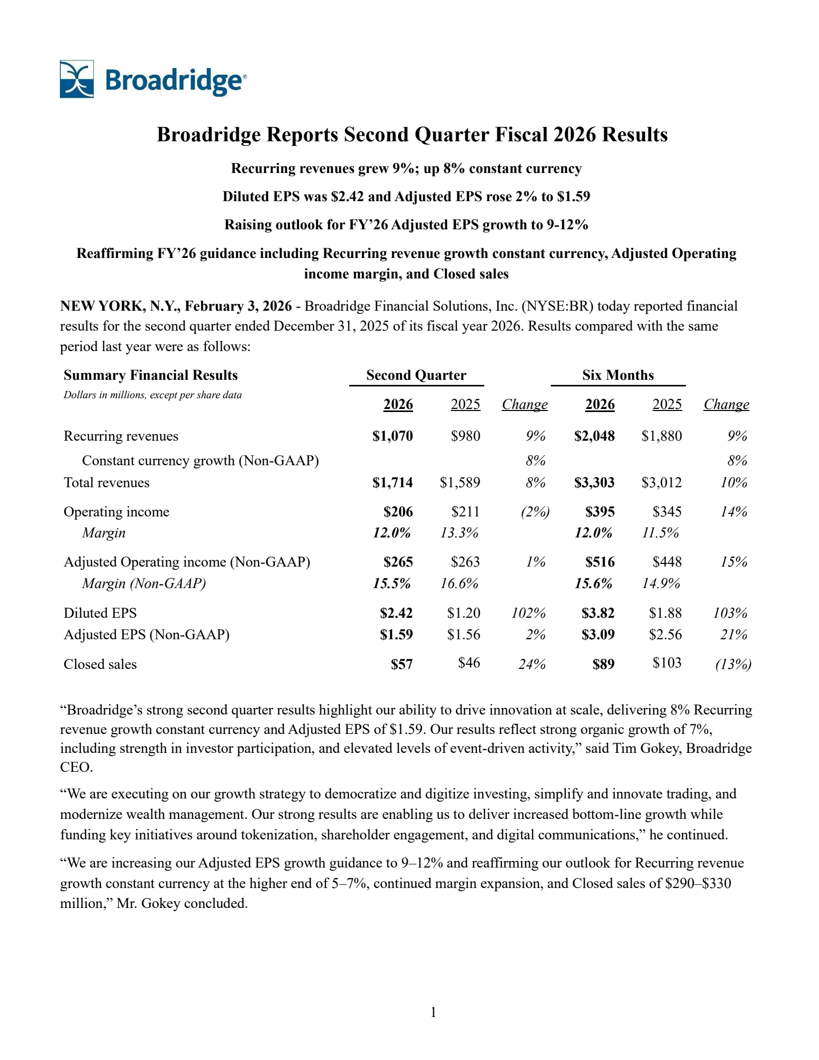Broadridge Financial Solutions' Q2 2026 Press Release