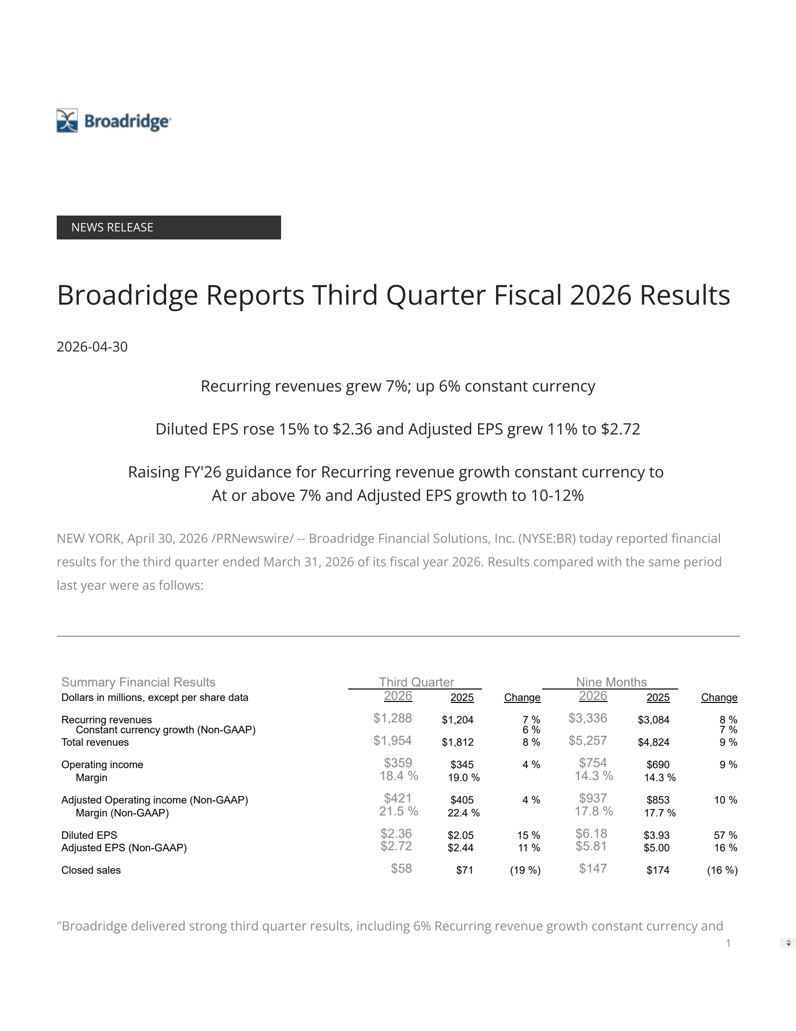 Broadridge Financial Solutions' Q3 2026 Press Release