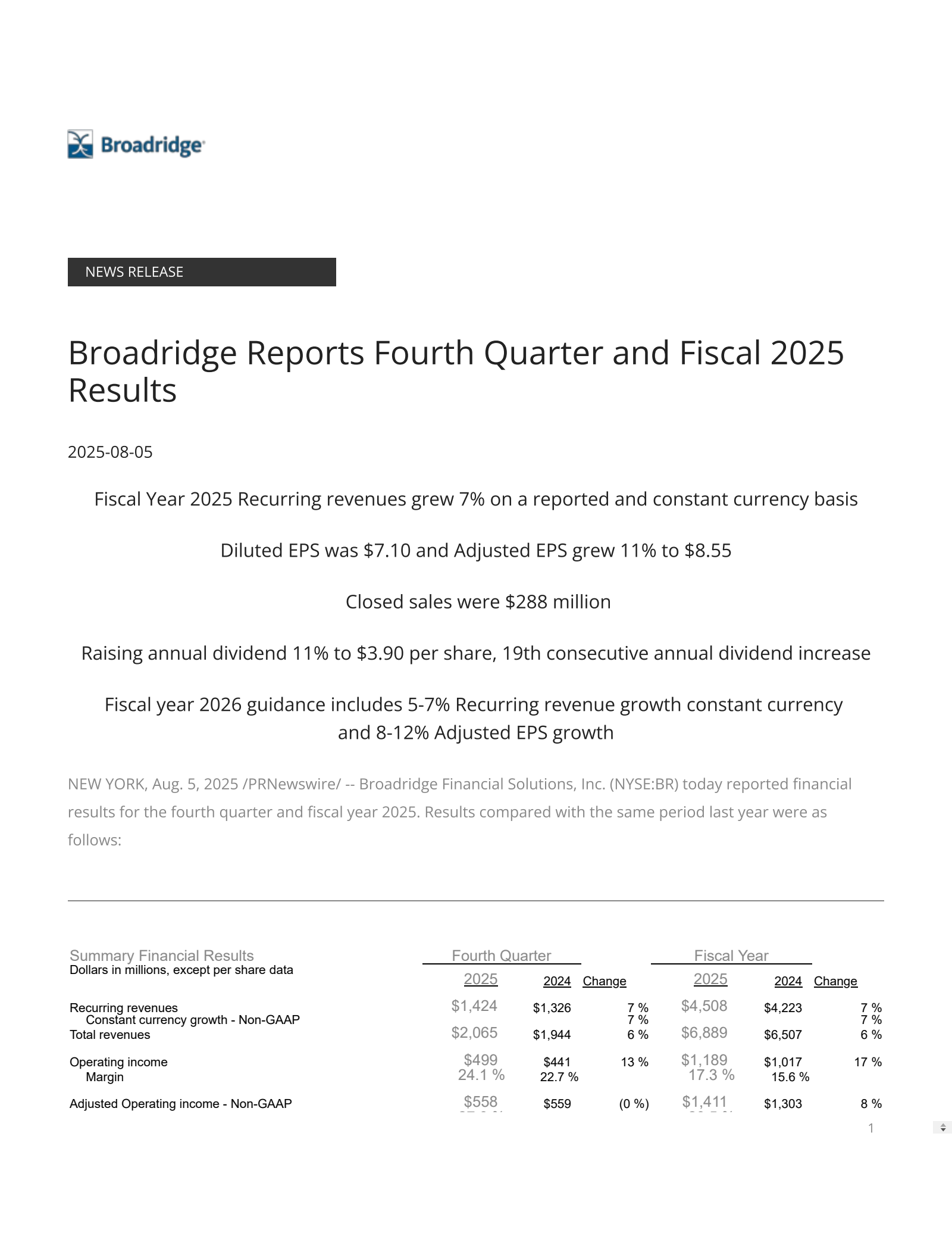 Broadridge Financial Solutions' Q4 2025 Press Release