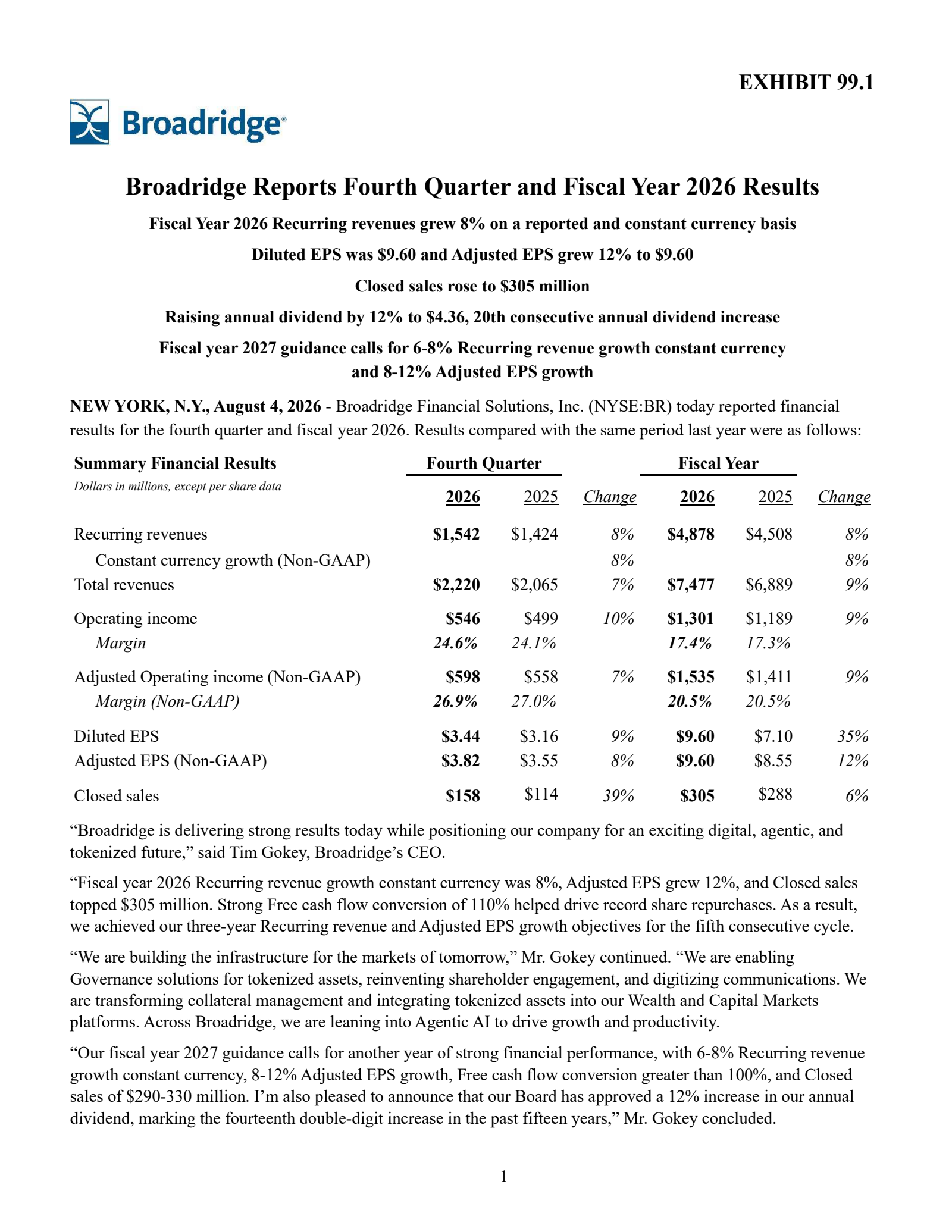 Broadridge Financial Solutions' Q4 2026 Press Release