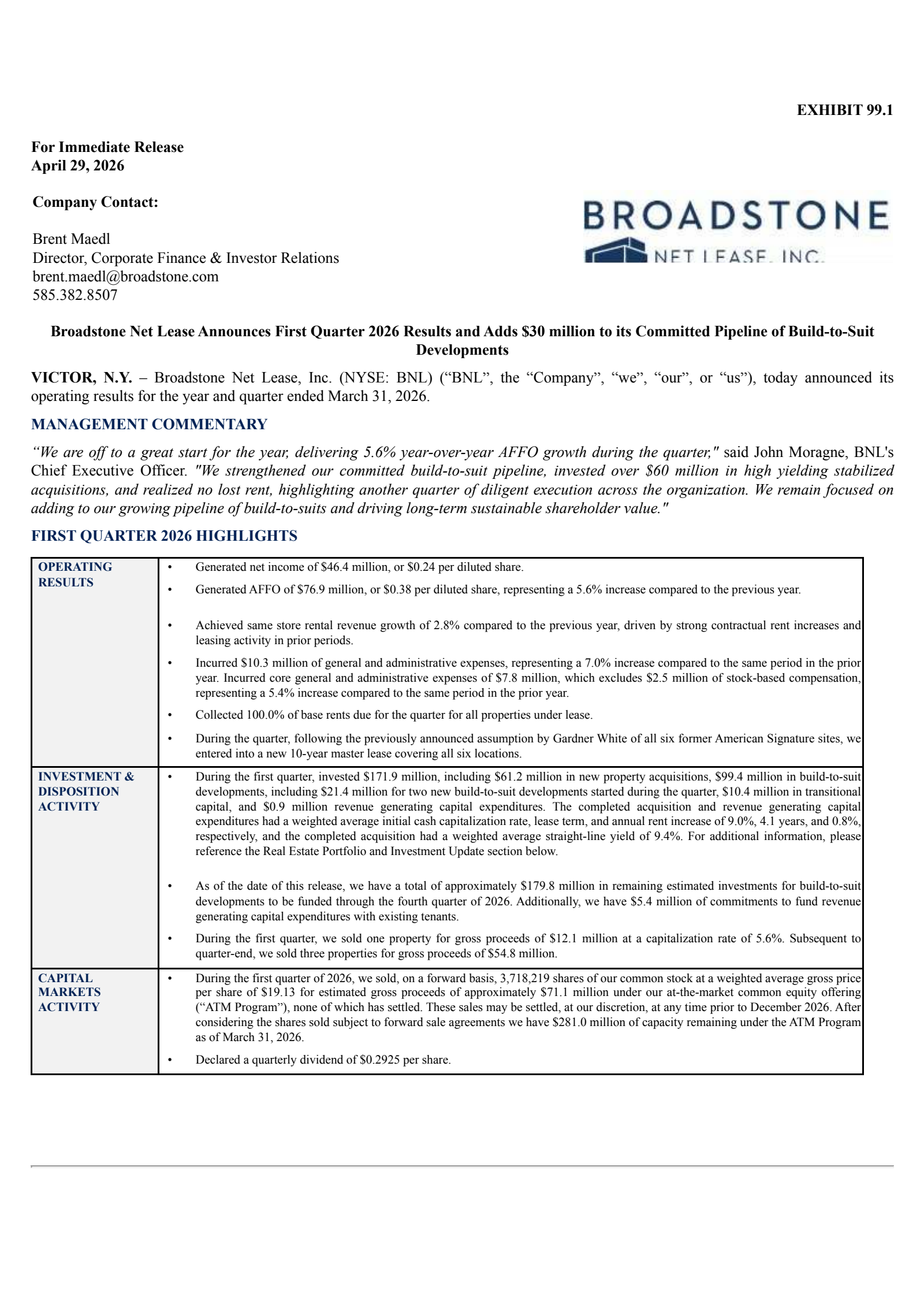 Broadstone Net Lease's Q1 2026 Press Release