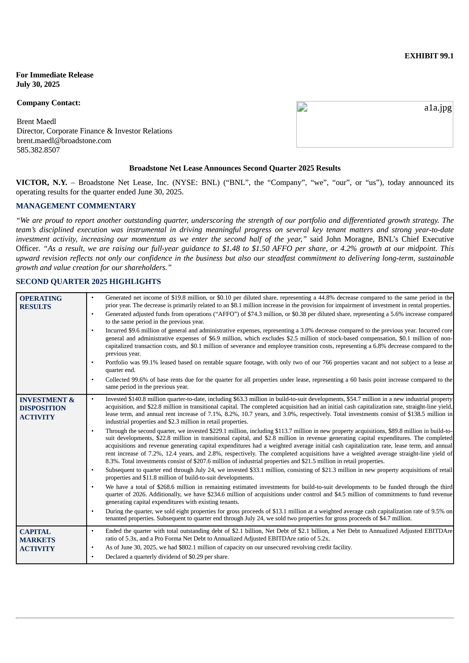 Broadstone Net Lease's Q2 2025 Press Release