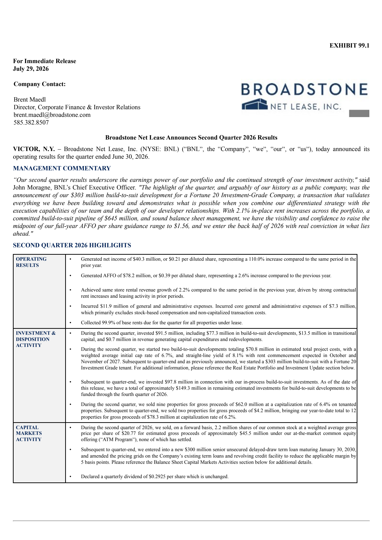 Broadstone Net Lease's Q2 2026 Press Release