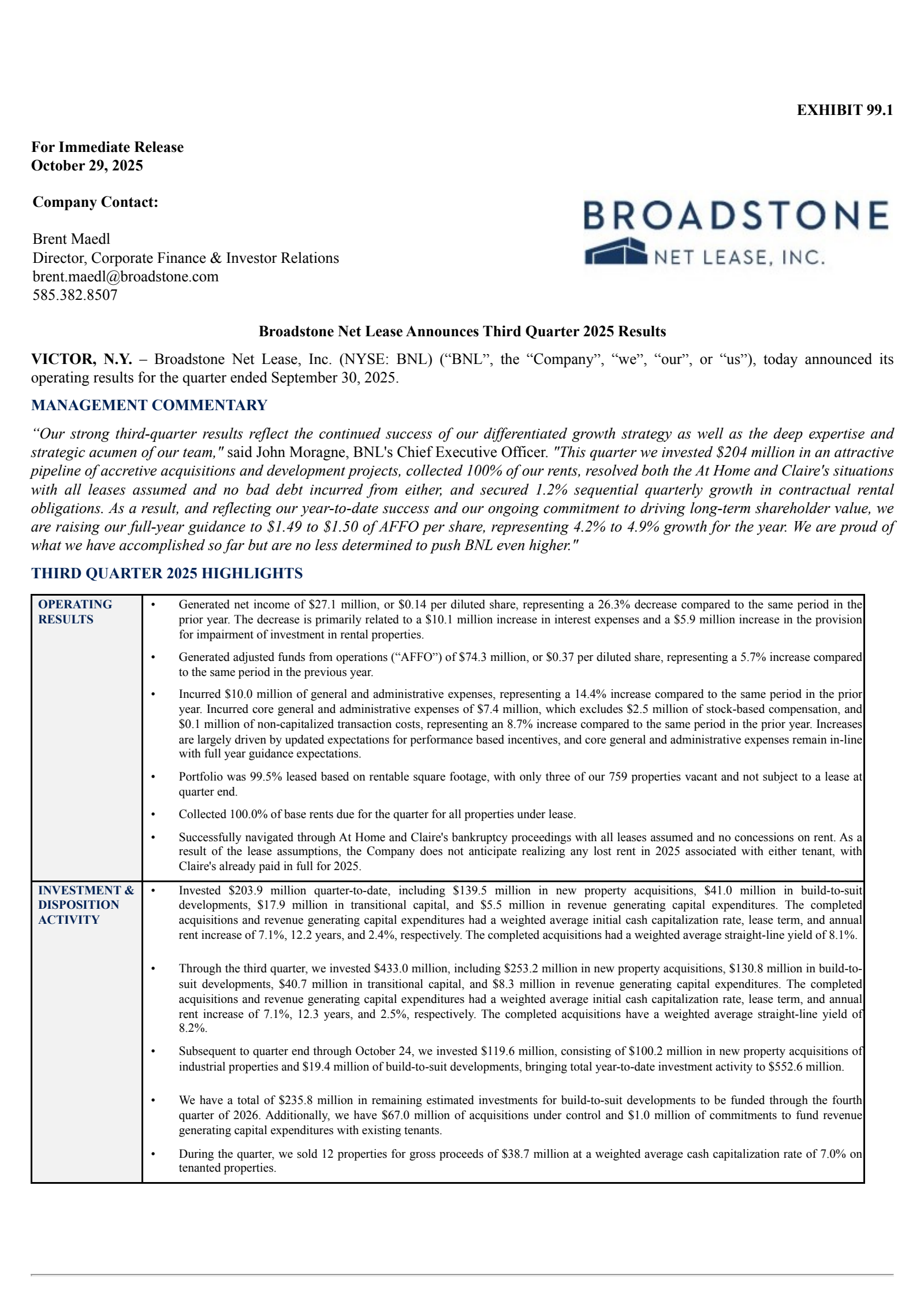 Broadstone Net Lease's Q3 2025 Earnings Release