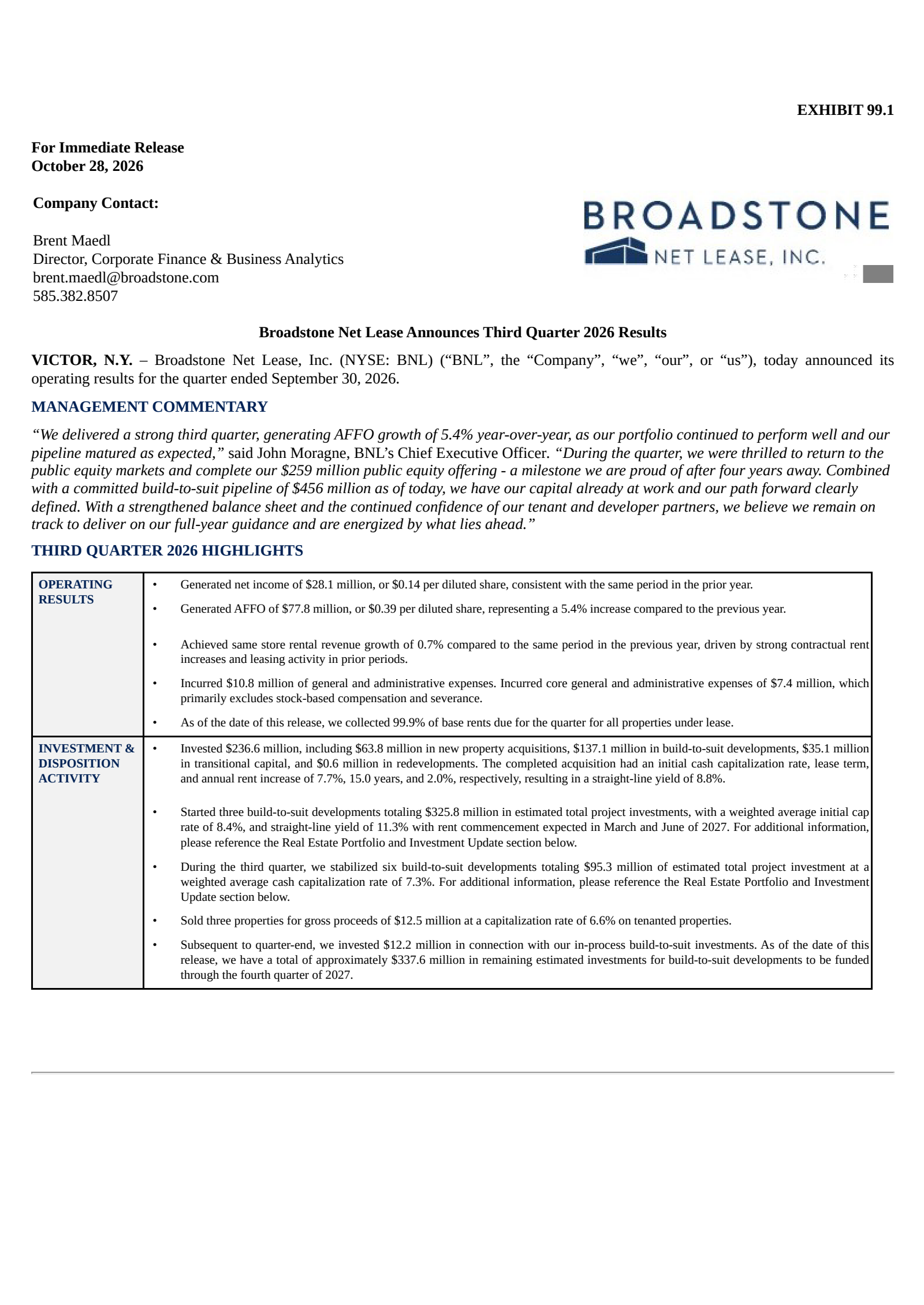 Broadstone Net Lease's Q3 2026 Press Release