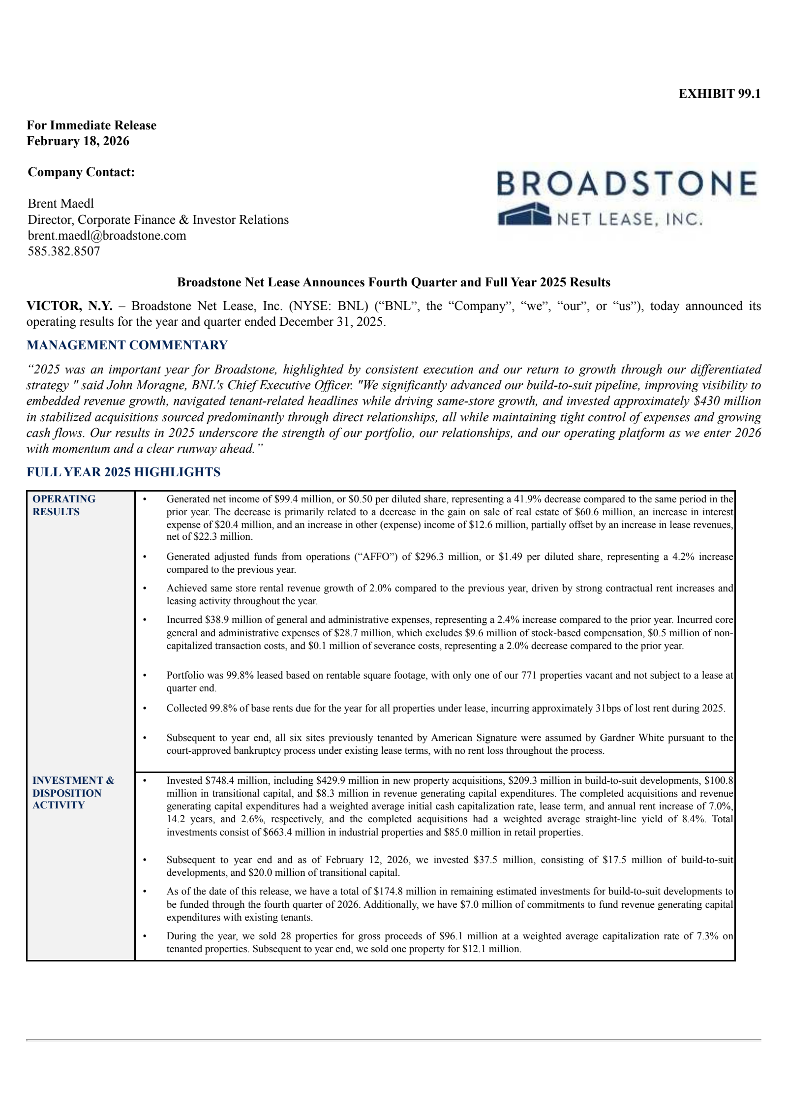Broadstone Net Lease's Q4 2025 Press Release
