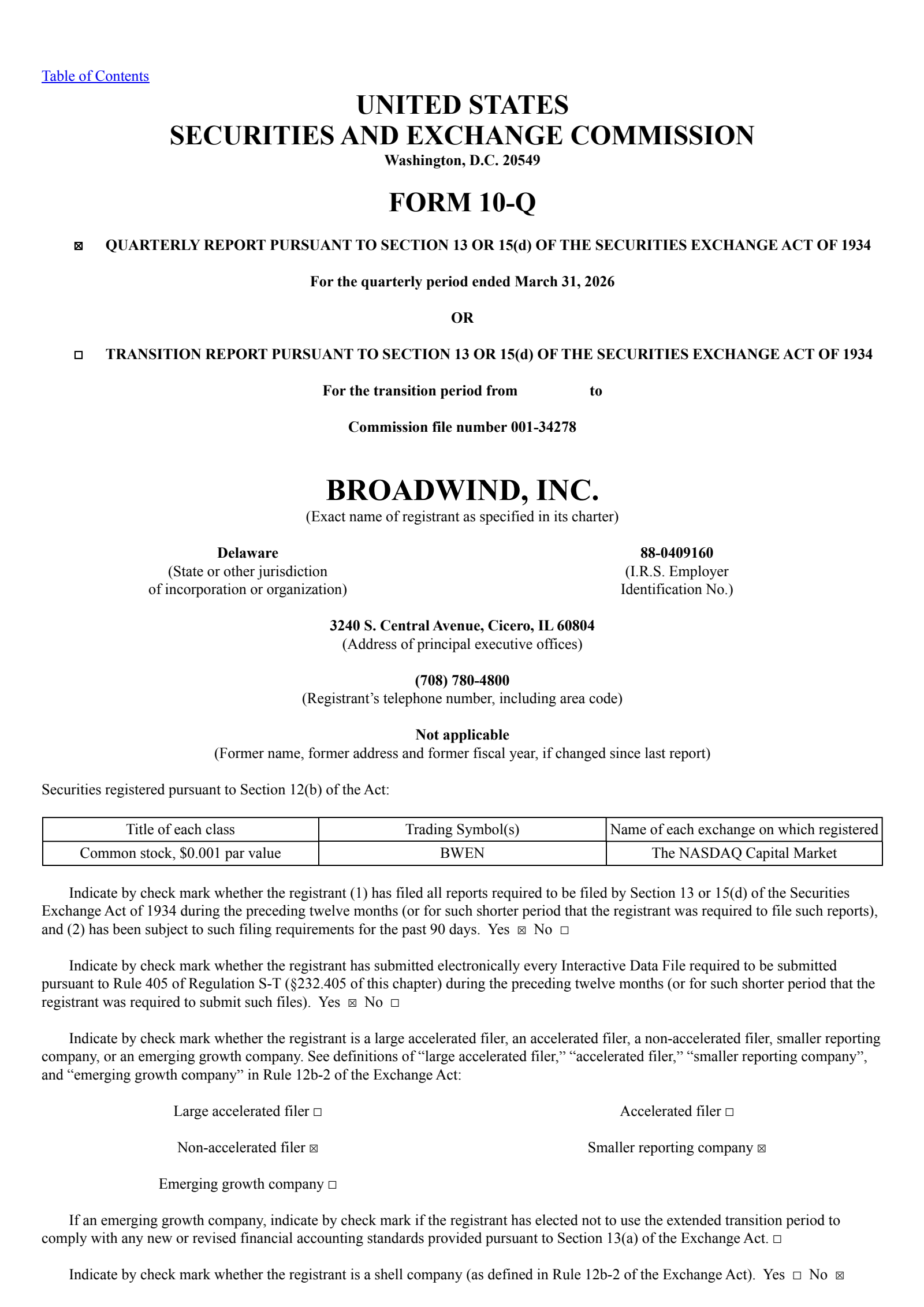 Broadwind Energy's Q1 2026 Quarterly report