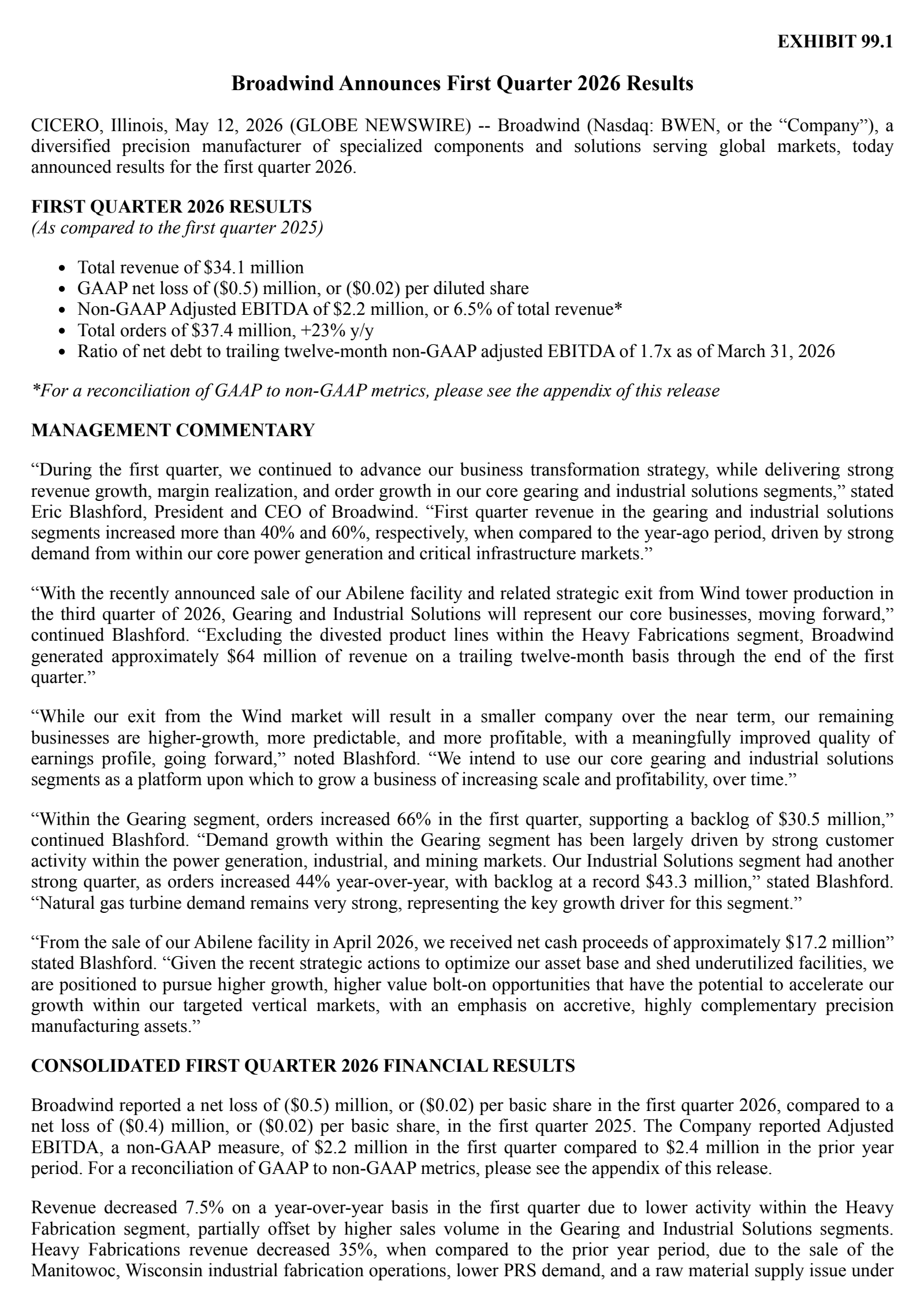 Broadwind Energy's Q1 2026 Press Release