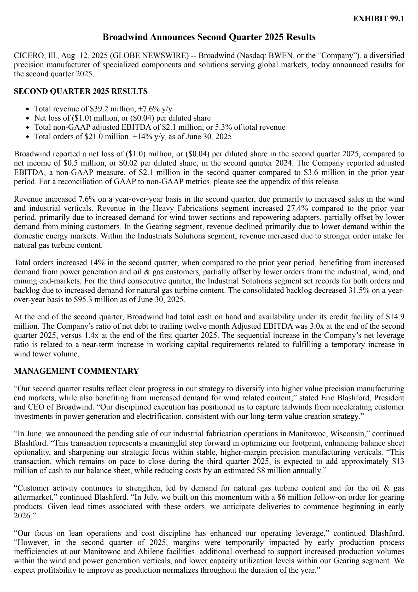 Broadwind Energy's Q2 2025 Press Release