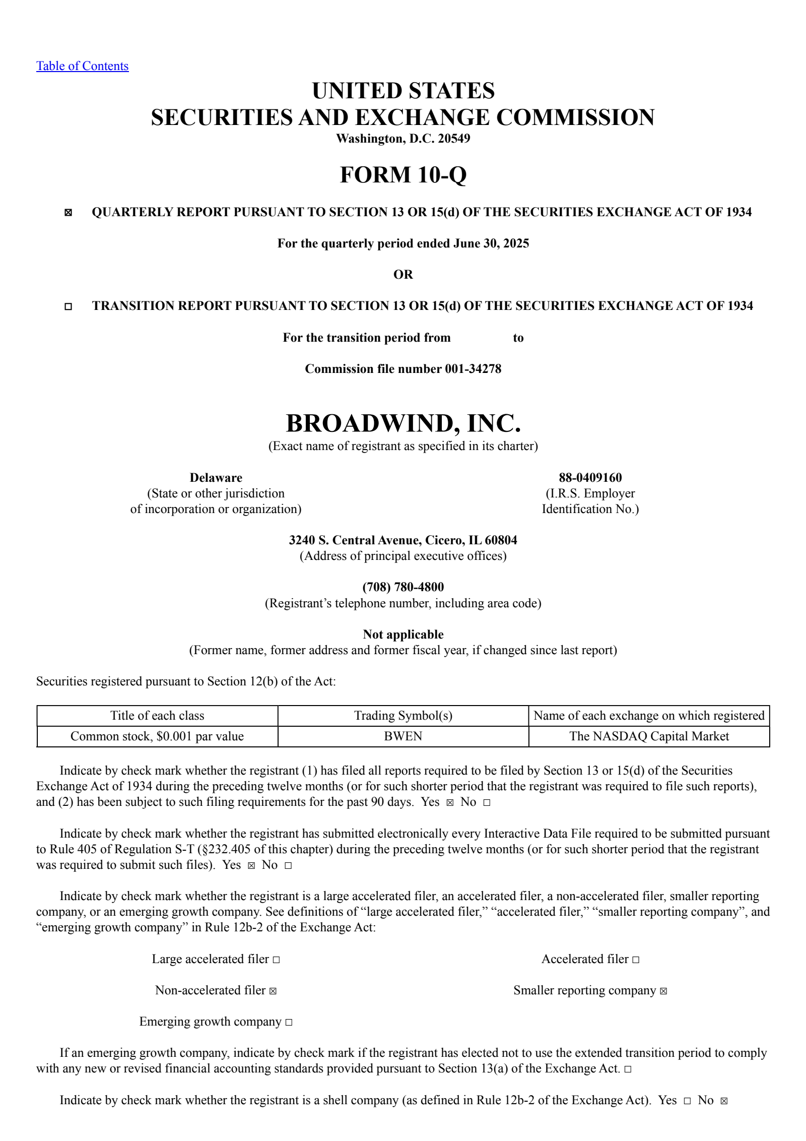Broadwind Energy's Q2 2025 Quarterly report