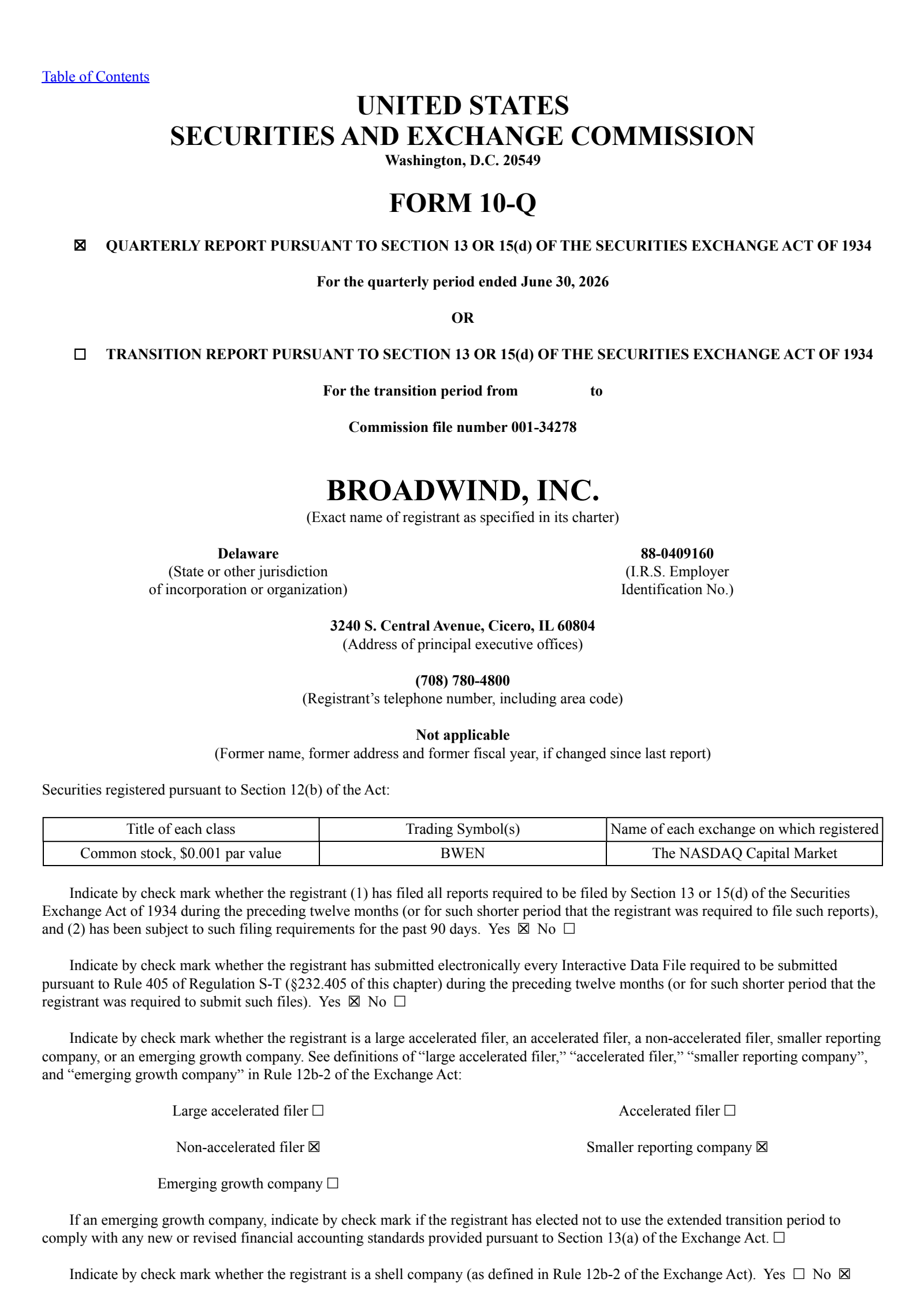 Broadwind Energy's Q2 2026 Quarterly report