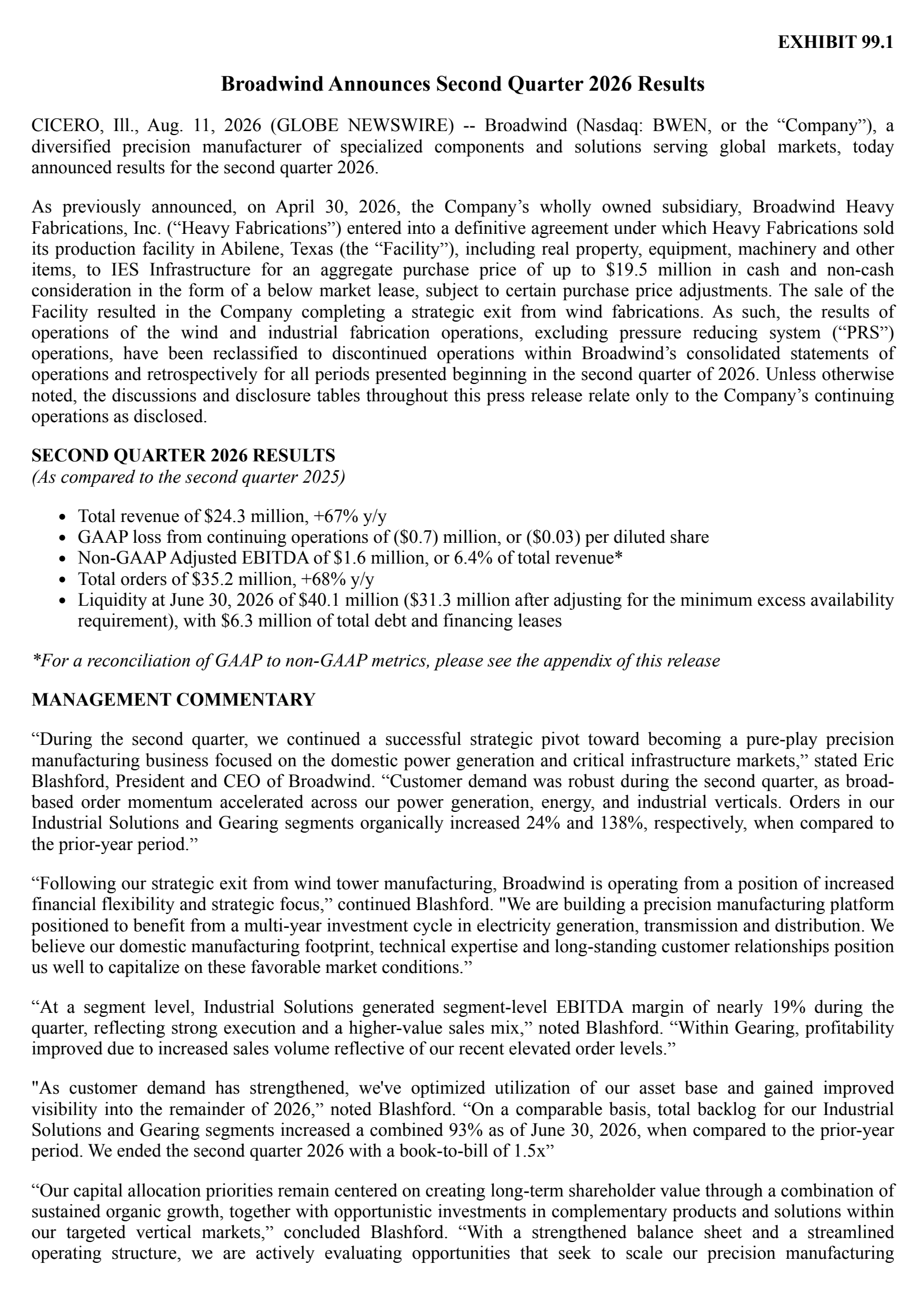 Broadwind Energy's Q2 2026 Press Release