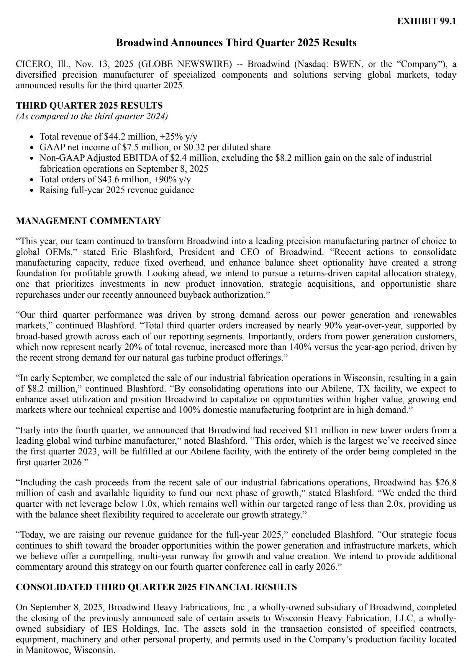 Broadwind Energy's Q3 2025 Earnings Release