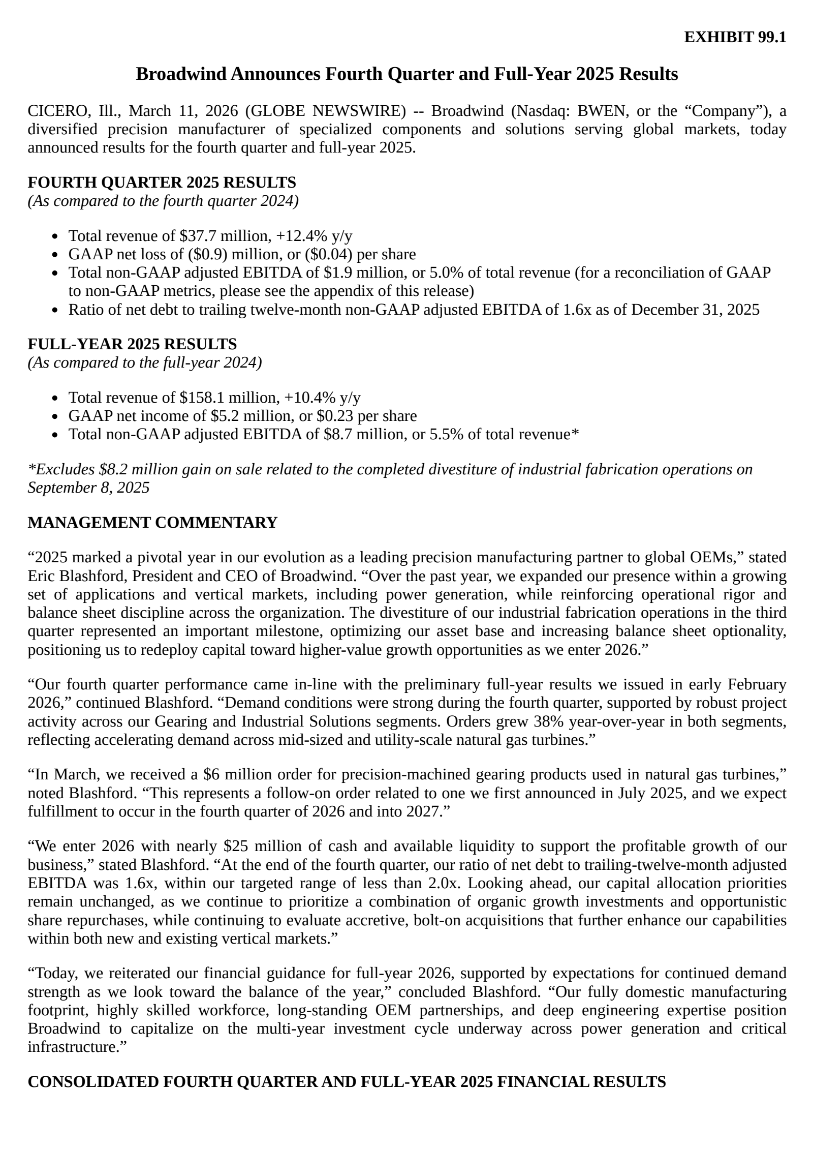 Broadwind Energy's Q4 2025 Press Release