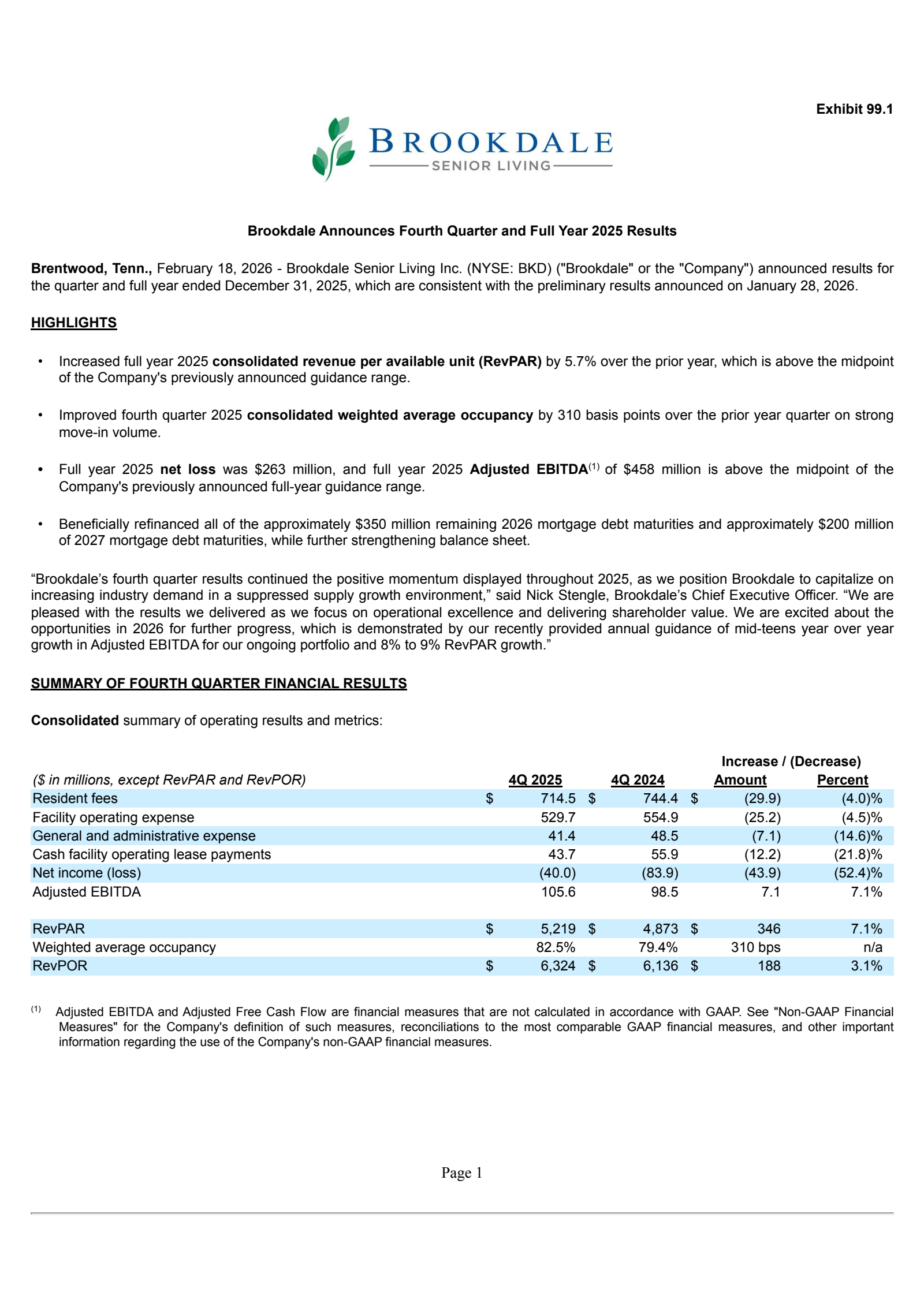 Brookdale Senior Living's Q4 2025 Press Release