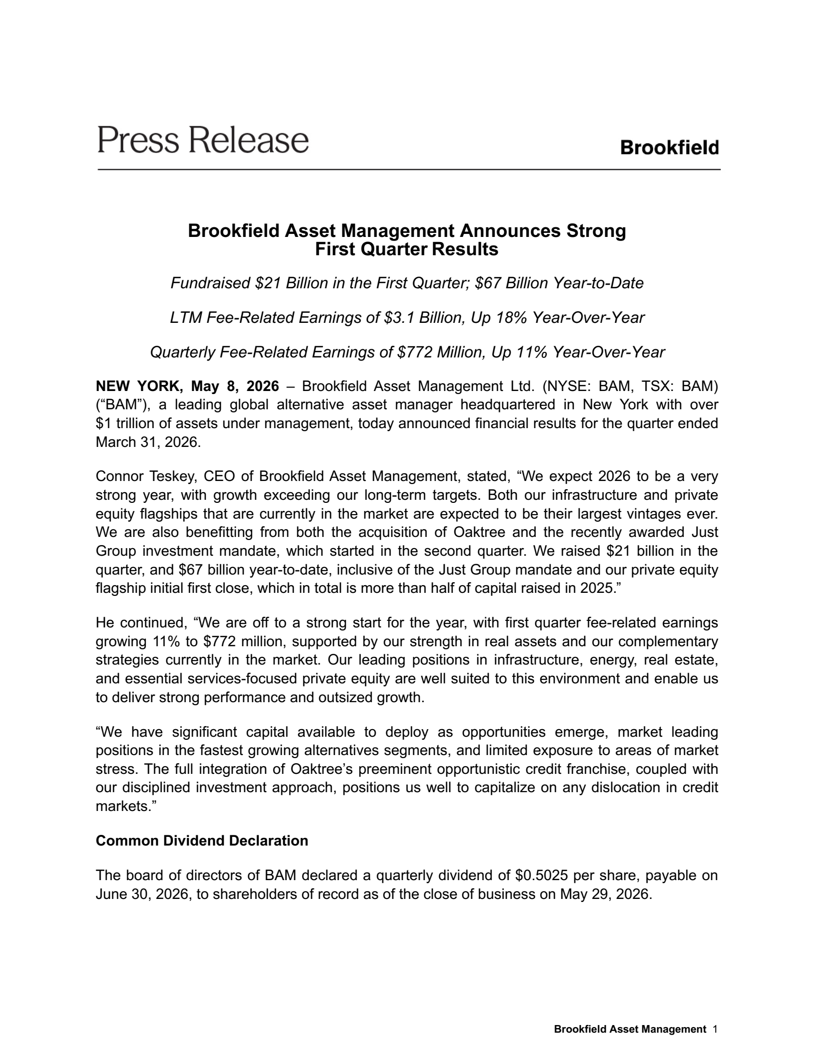 Brookfield Asset Management's Q1 2026 Press Release