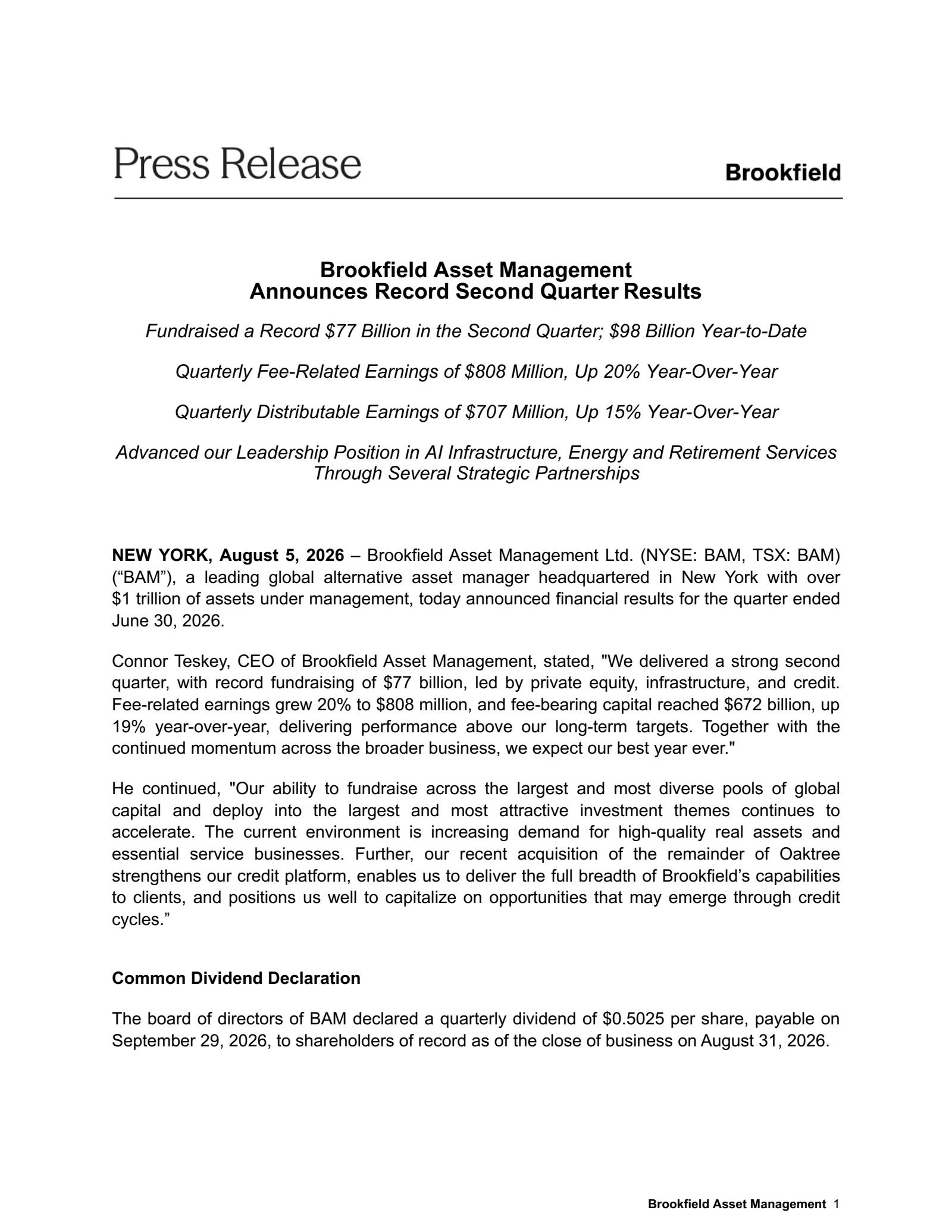 Brookfield Asset Management's Q2 2026 Press Release