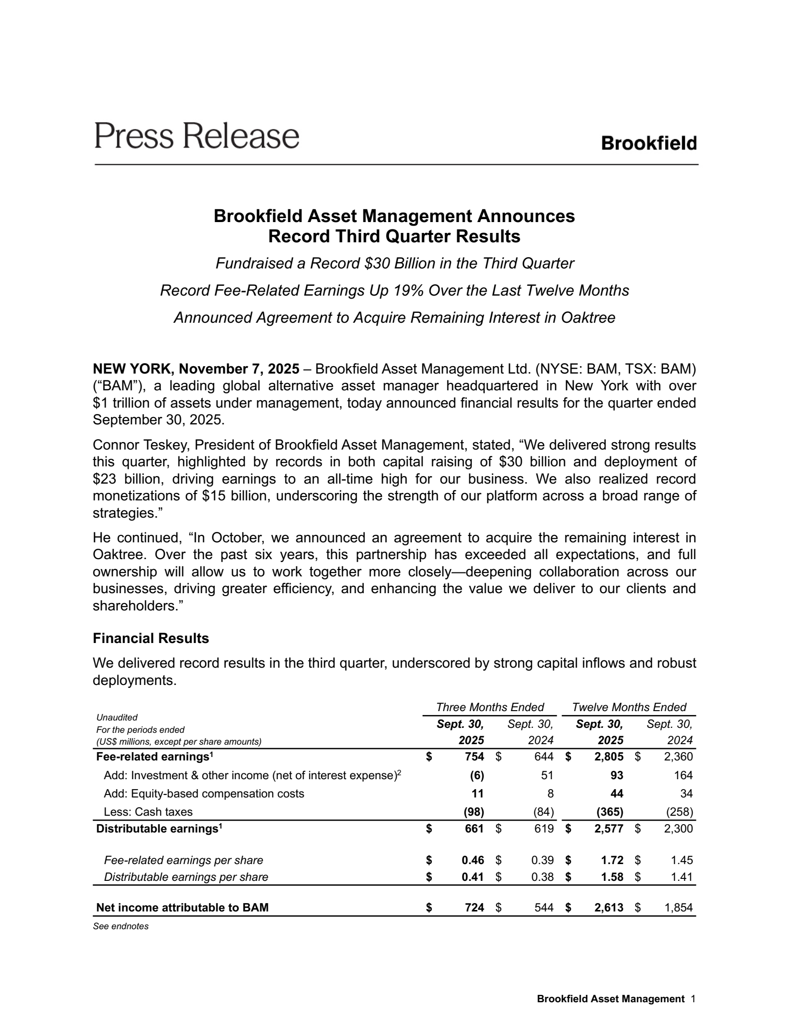 Brookfield Asset Management's Q3 2025 Earnings Release