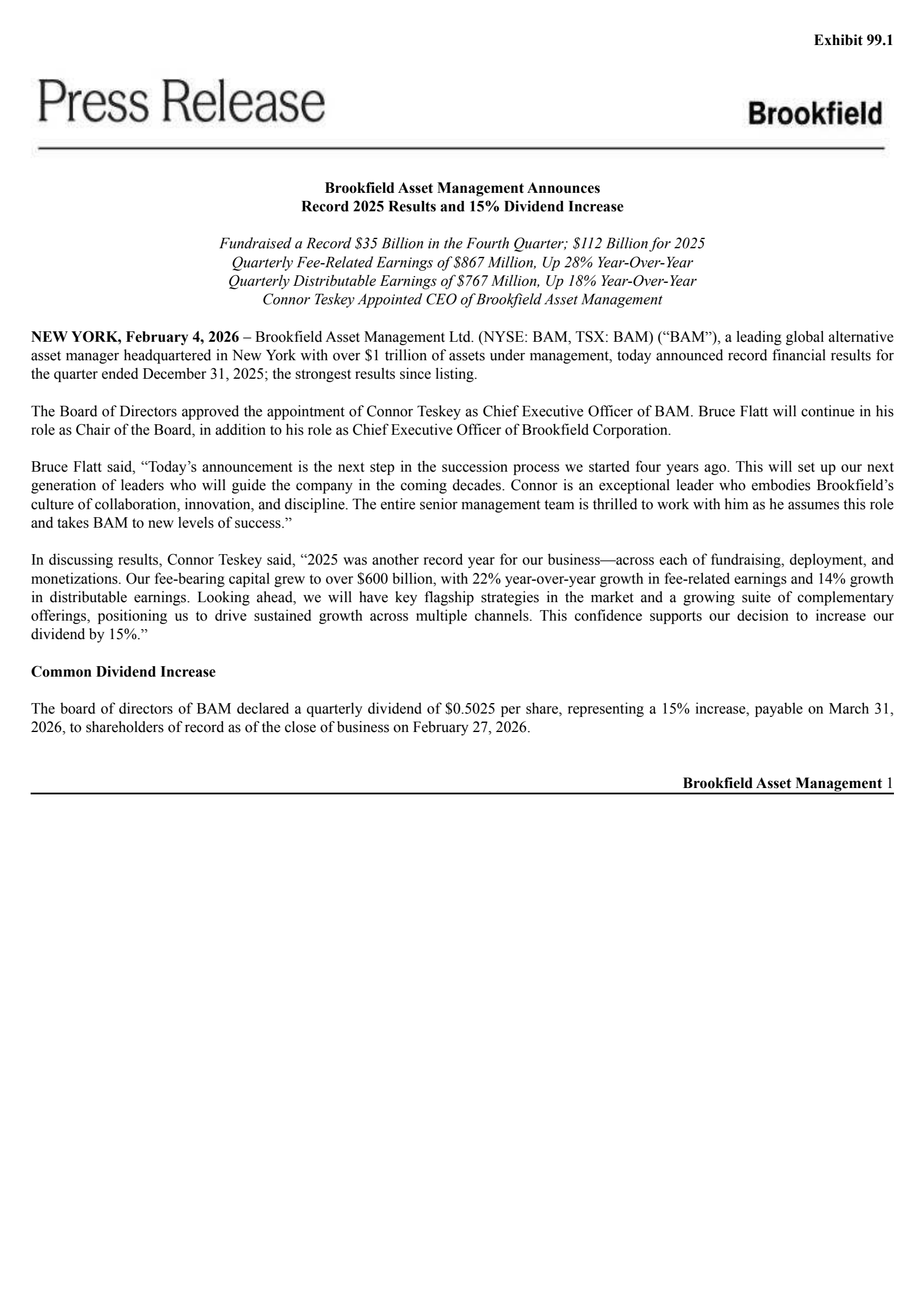 Brookfield Asset Management's Q4 2025 Press Release