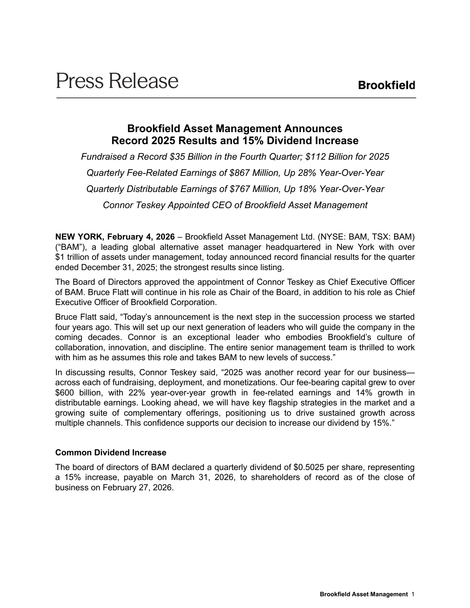 Brookfield Asset Management's Q4 2025 Press Release