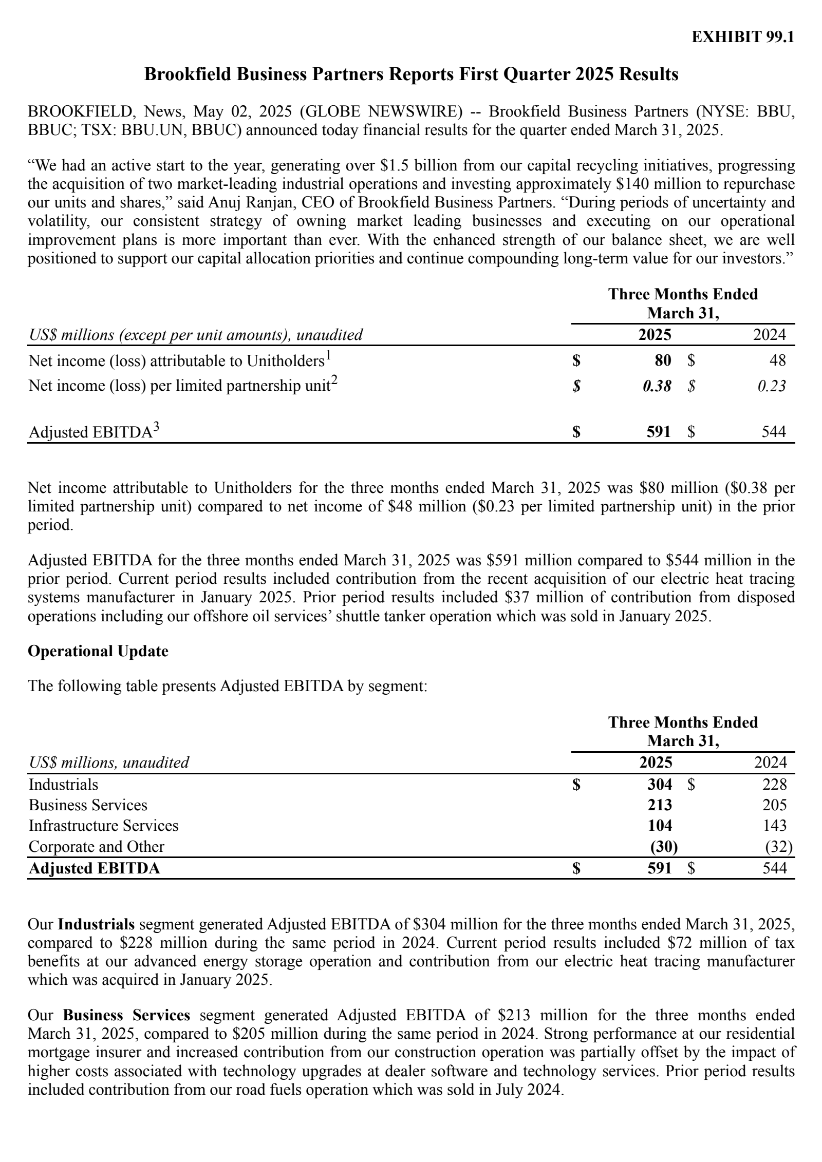 Brookfield Business Partners' Q1 2025 Press Release