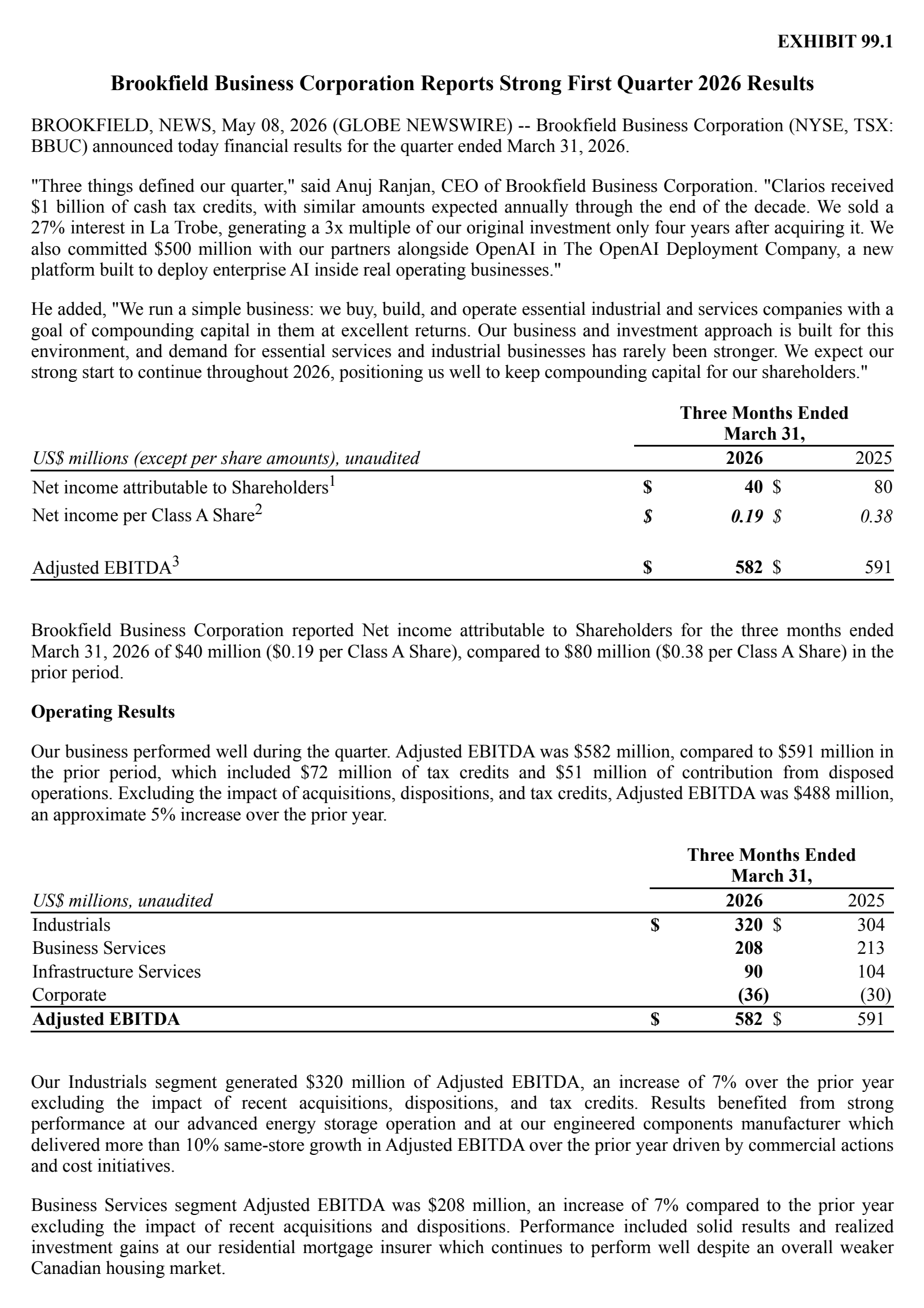 Brookfield Business Partners' Q1 2026 Press Release