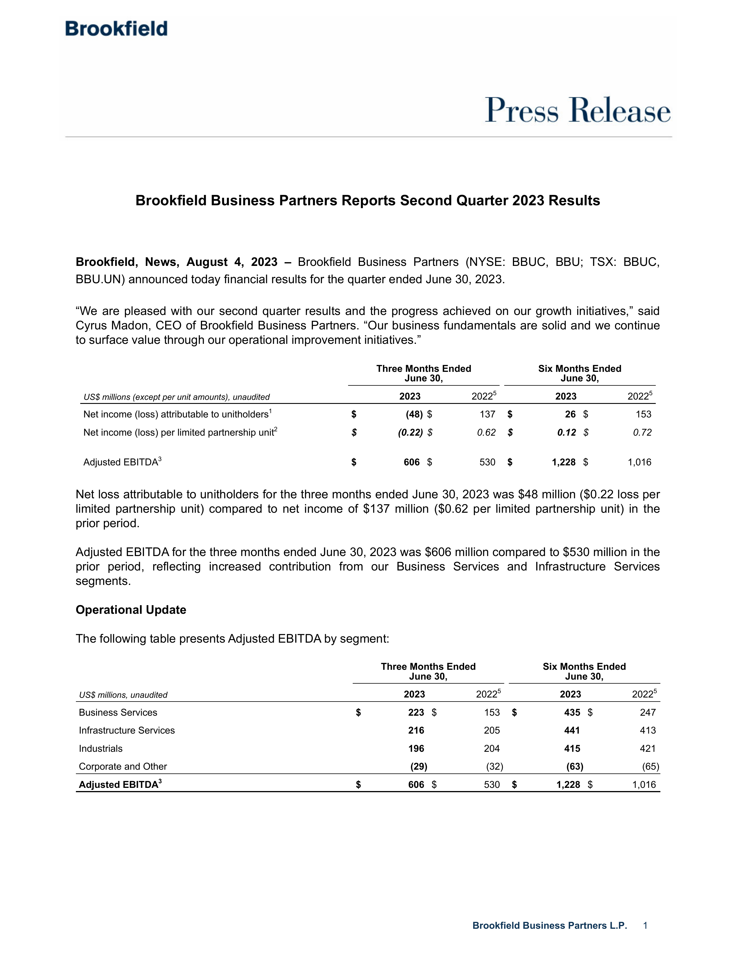 Brookfield Business Partners' Q2 2023 Press Release