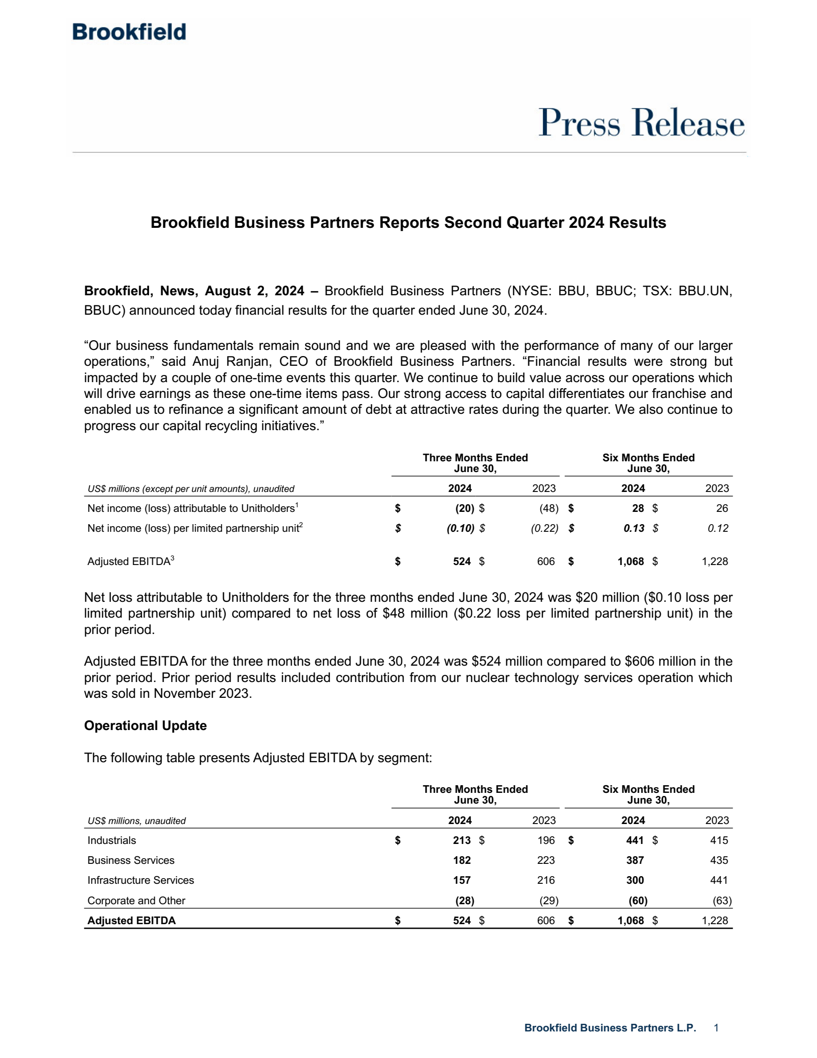 Brookfield Business Partners' Q2 2024 Press Release