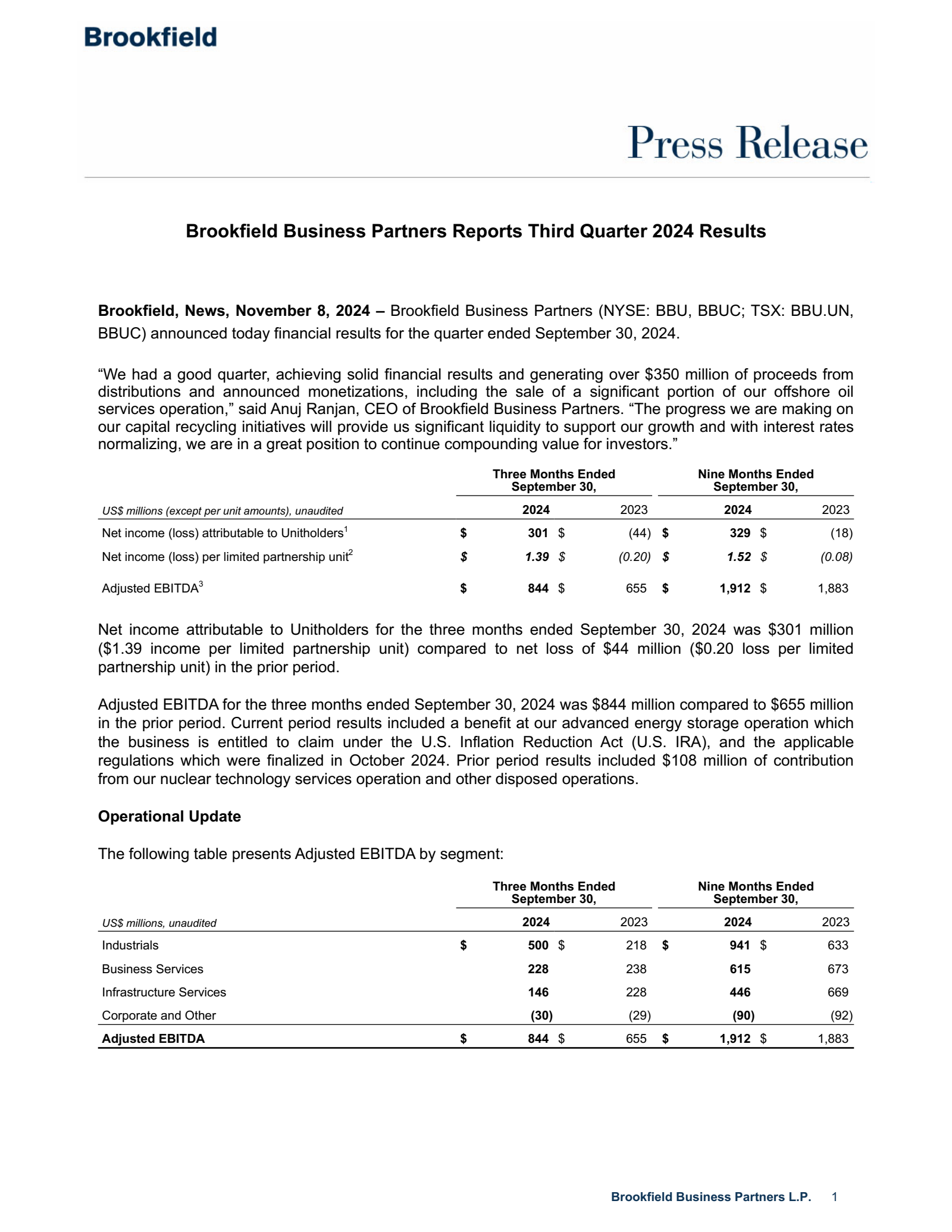 Brookfield Business Partners' Q3 2024 Press Release